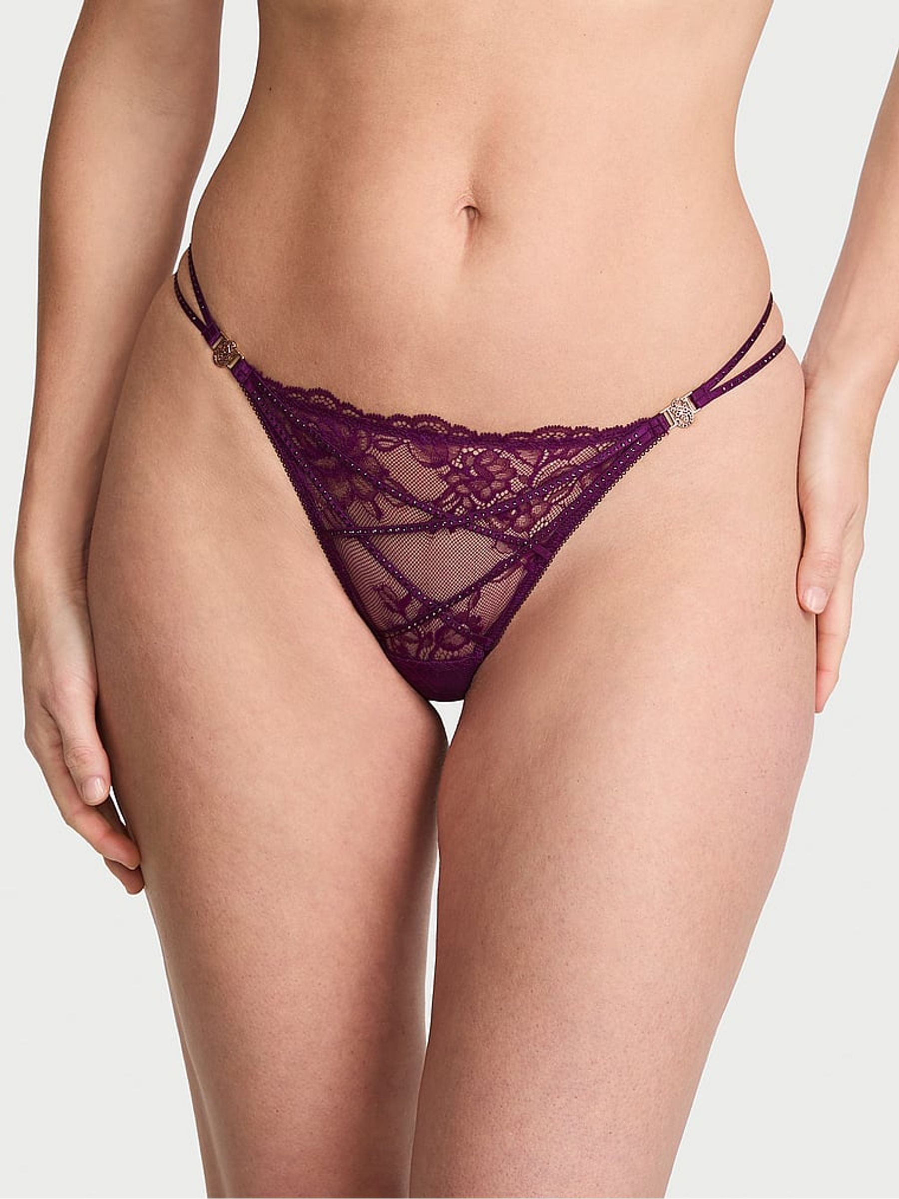 Party On Purple Thong Lace Shine Strappy Knickers - Image 2 of 3 Party On Purple Thong Lace Shine Strappy Knickers - Image 2 of 3