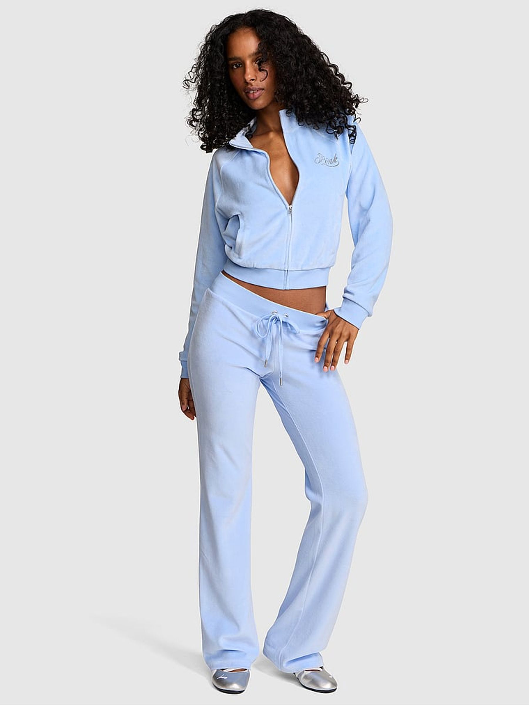 Periwinkle Blue Flared Velour Low Rise Joggers - Image 1 of 2 Periwinkle Blue Flared Velour Low Rise Joggers - Image 1 of 2