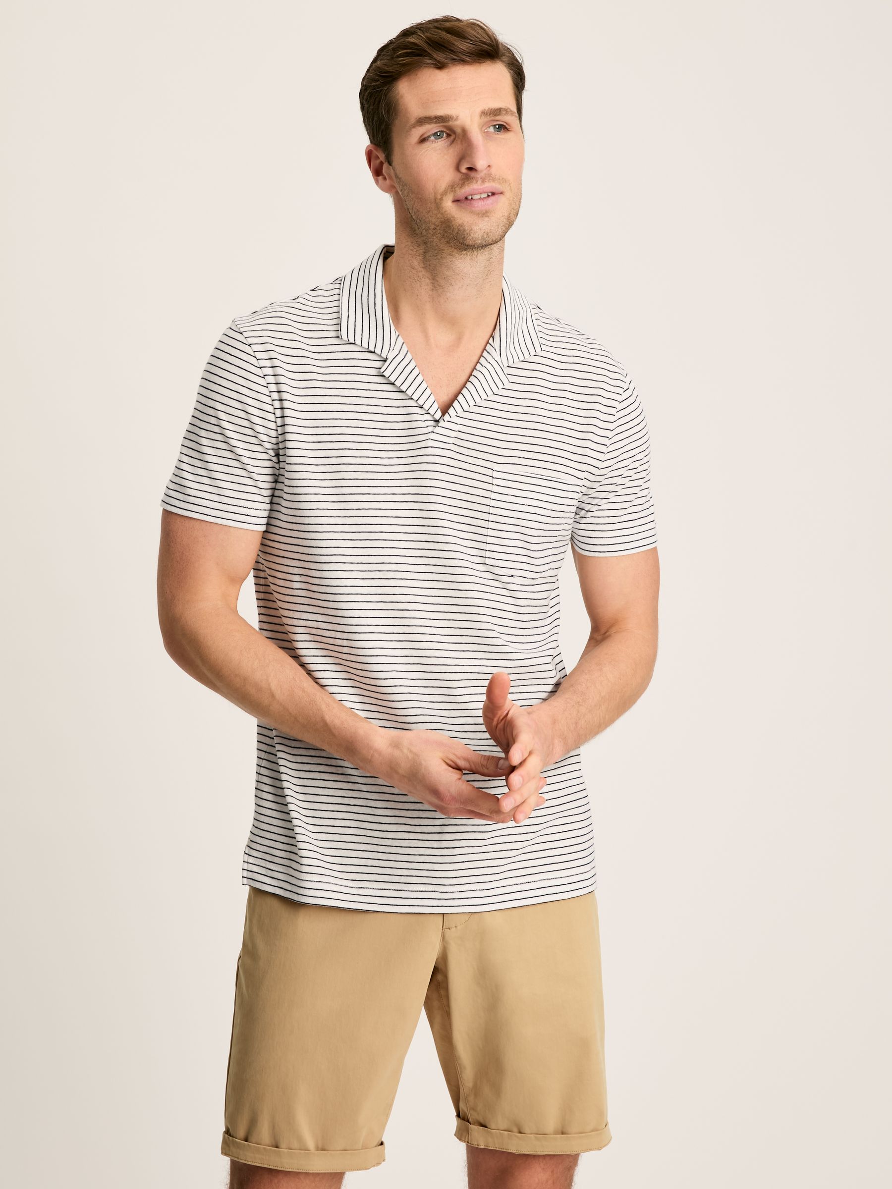 Linen Blend White Striped Polo Shirt - Image 1 of 7