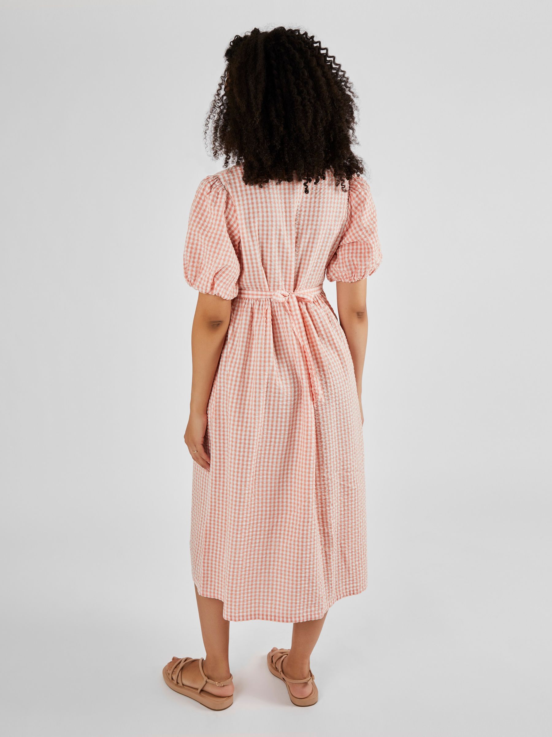 Coral Gingham Puff Sleeve Maternity Midi Dress - Image 2 of 4