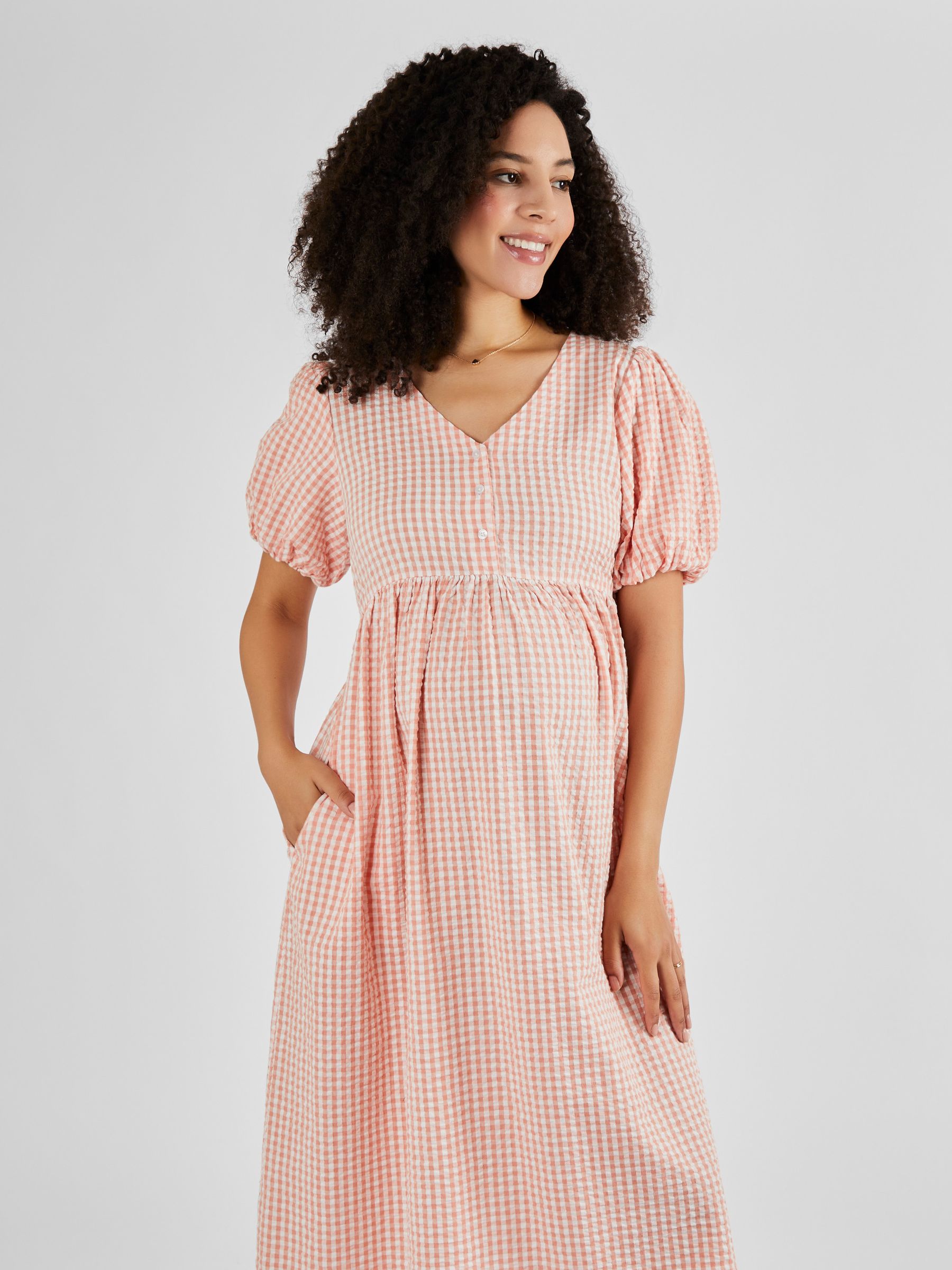 Coral Gingham Puff Sleeve Maternity Midi Dress - Image 3 of 4