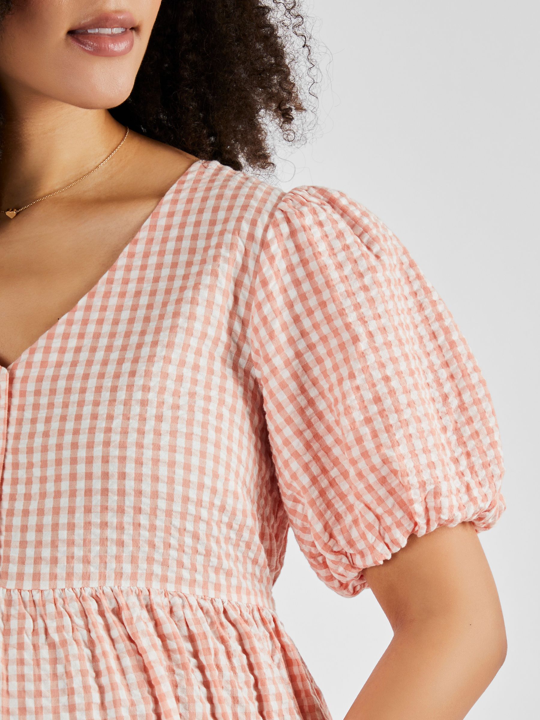 Coral Gingham Puff Sleeve Maternity Midi Dress - Image 4 of 4
