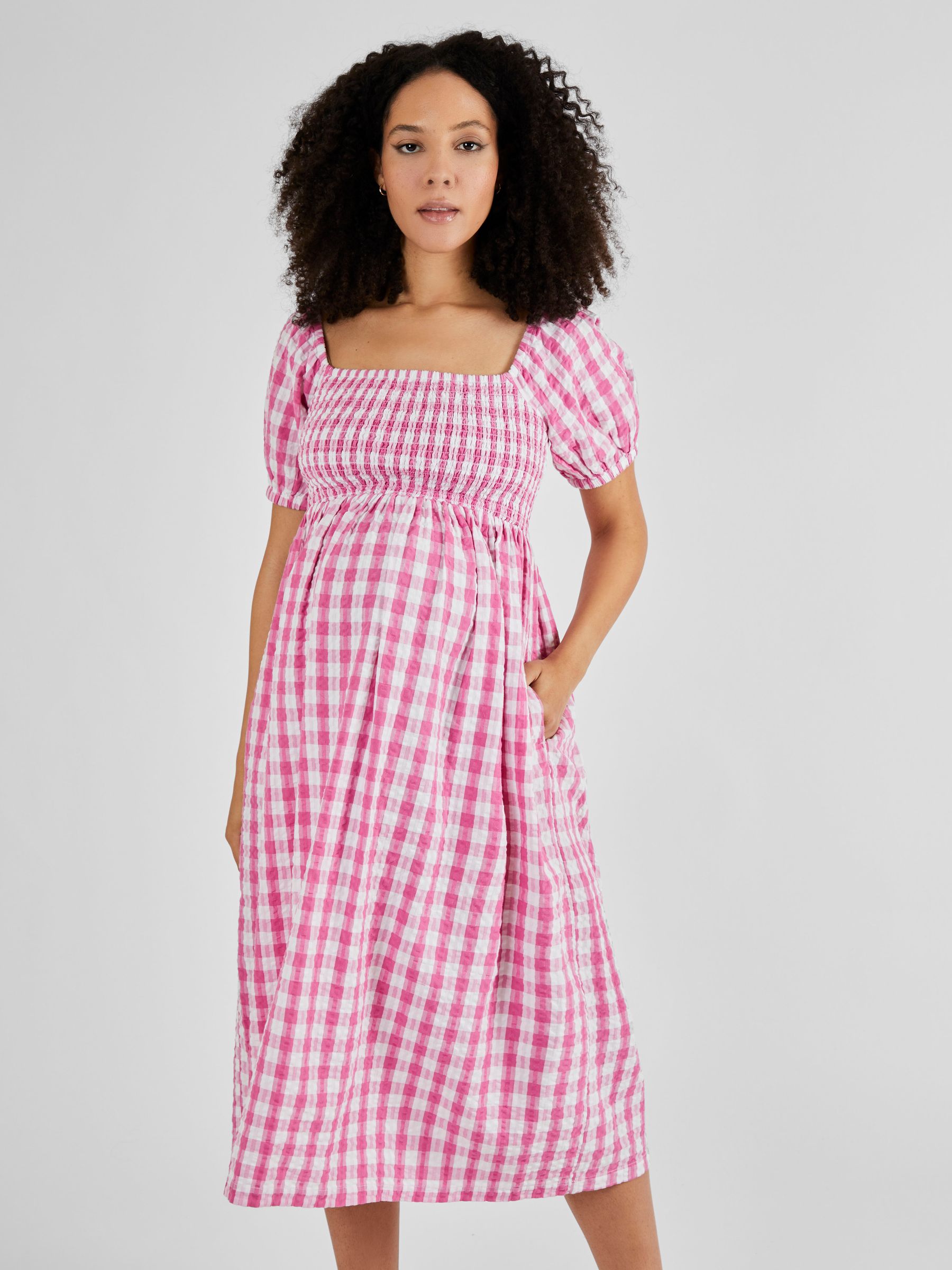 Pink Gingham Shirred Maternity Midi Dress - Image 3 of 5