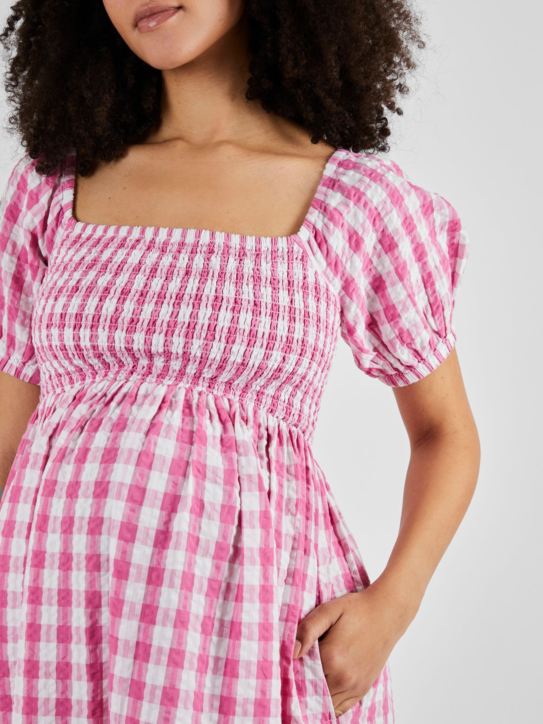 Pink Gingham Shirred Maternity Midi Dress - Image 4 of 5