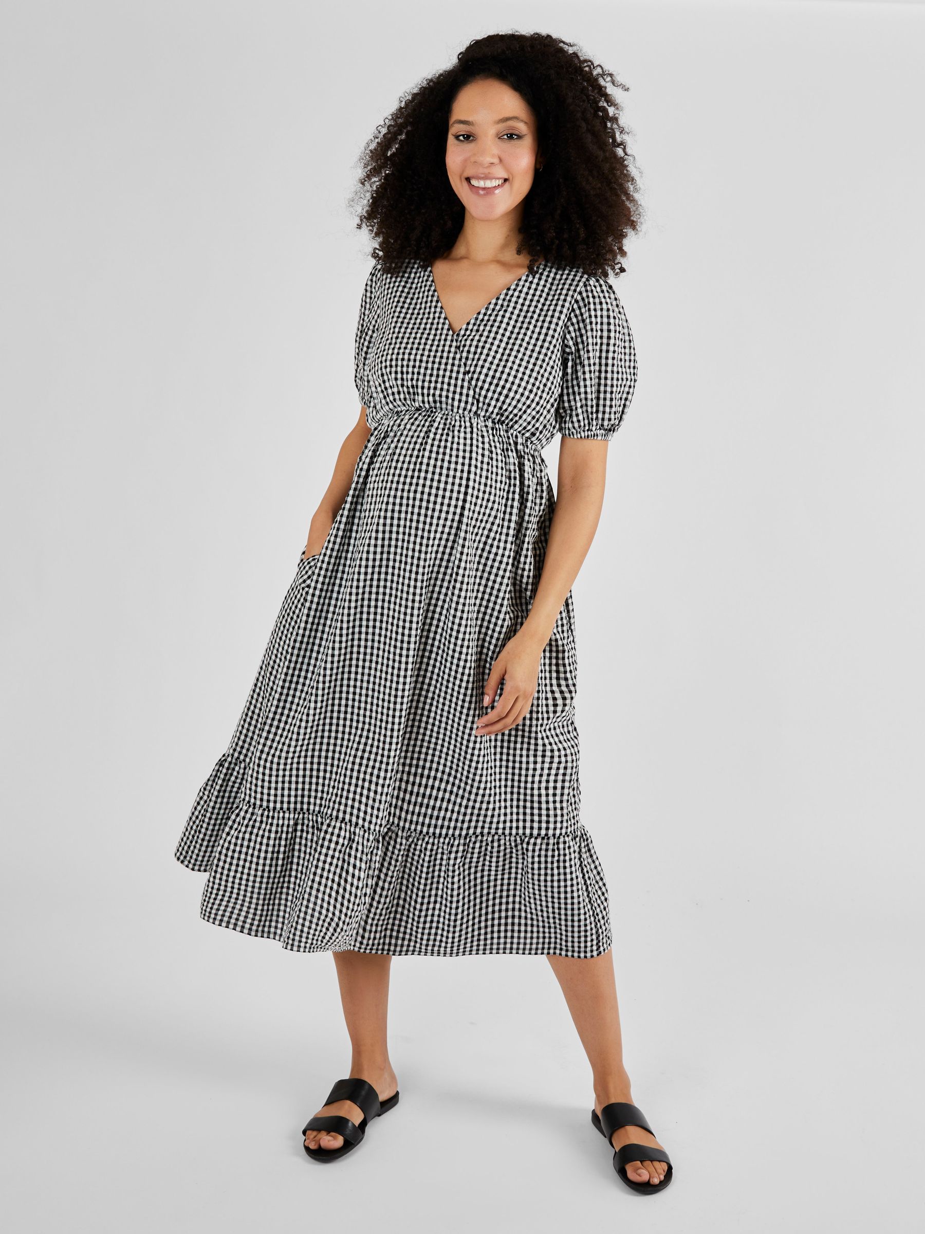 Black Gingham Print Maternity Midi Dress - Image 1 of 5