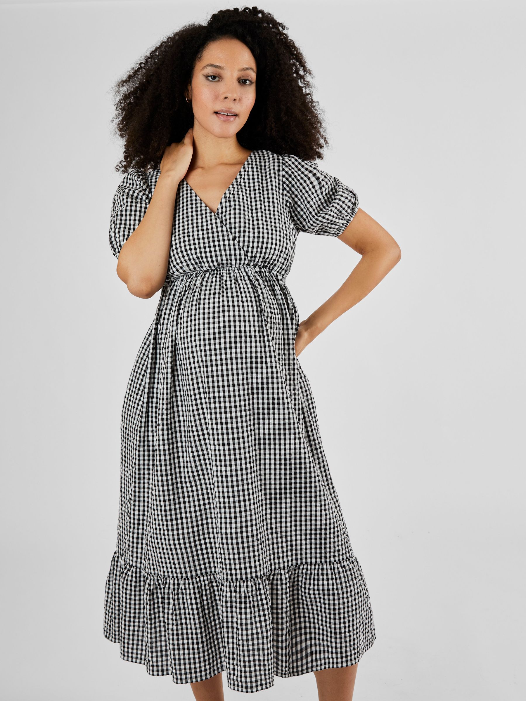 Black Gingham Print Maternity Midi Dress - Image 2 of 5