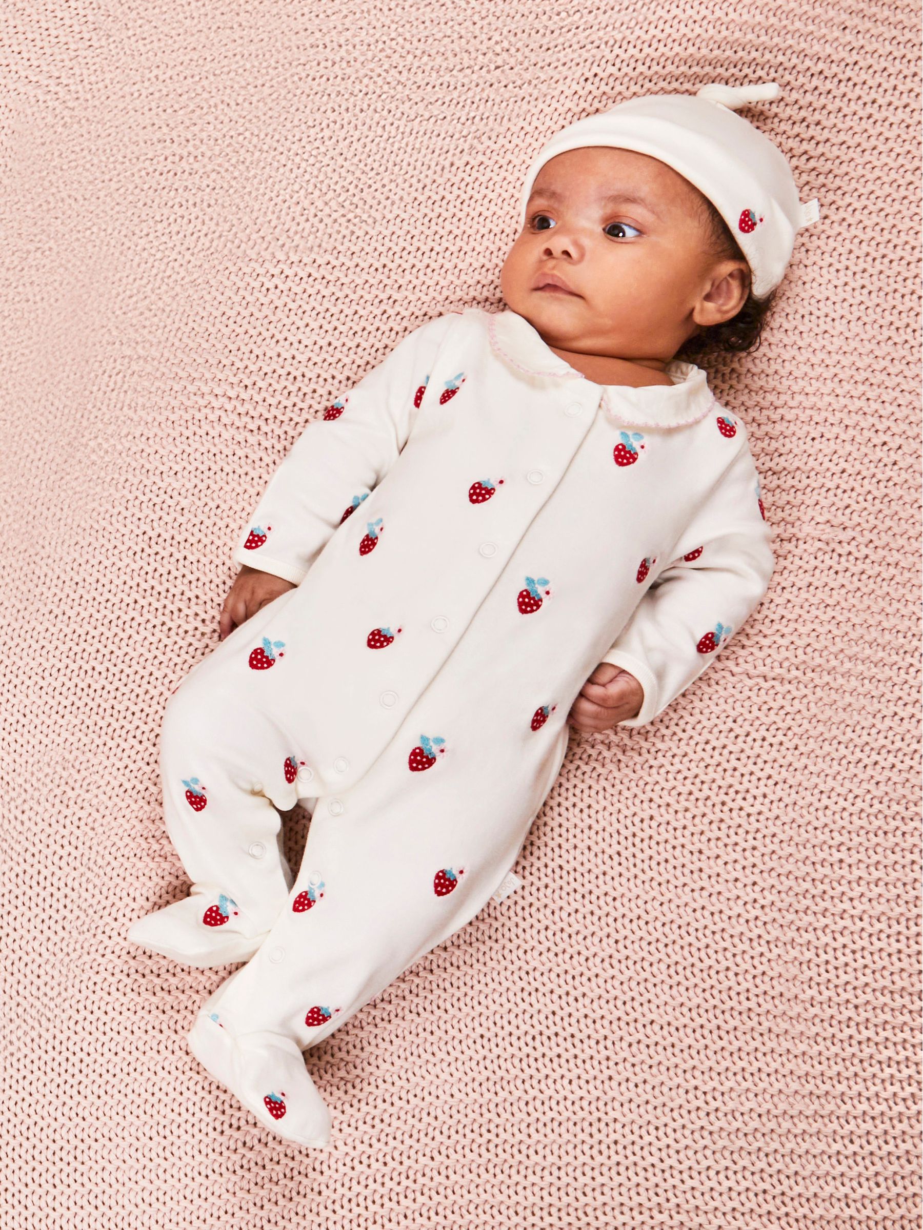 White Strawberry Embroidered Cotton Baby Hat - Image 1 of 4