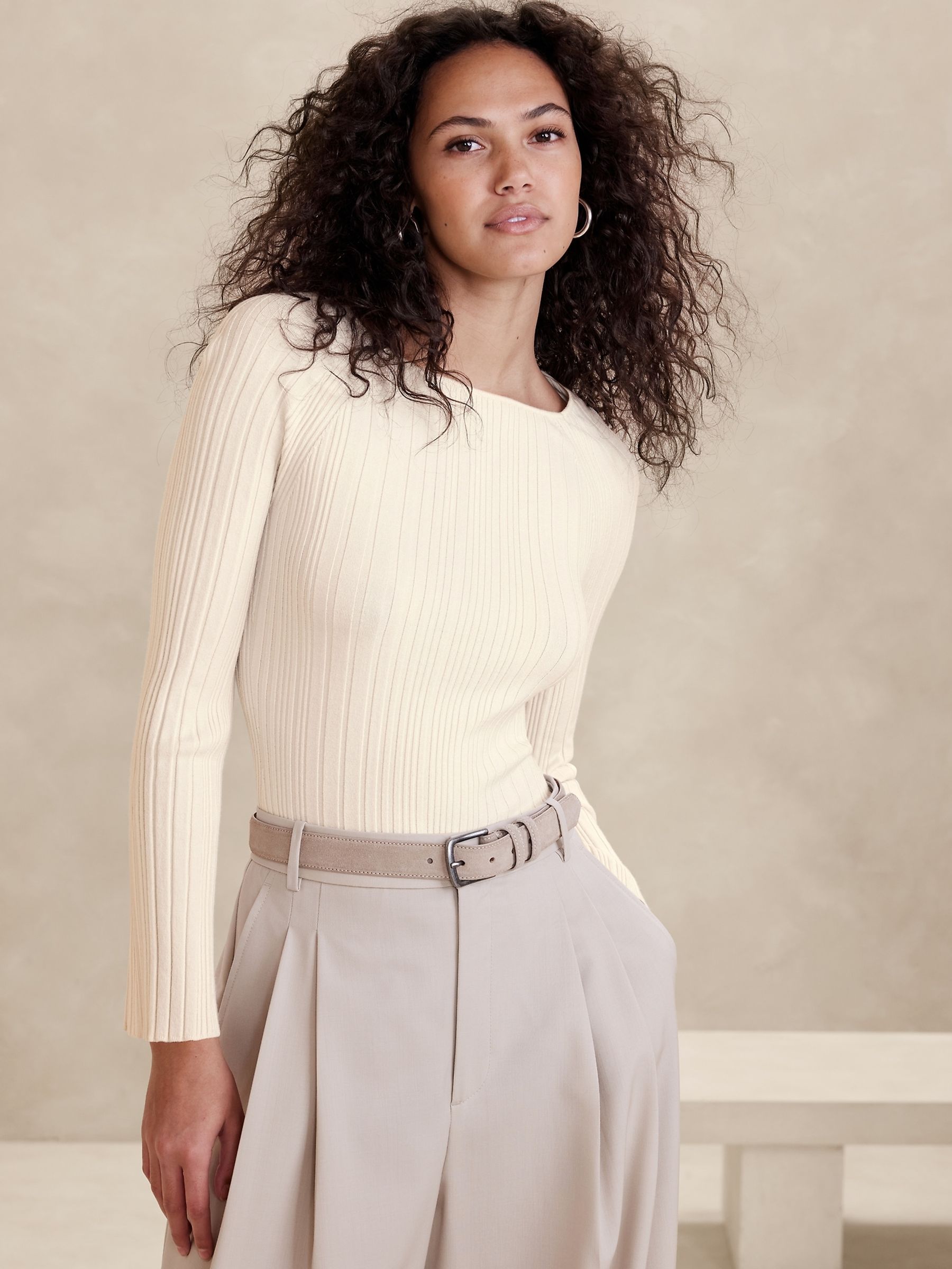 Banana Republic Cream Cece Long Sleeve Ribbed Top - Image 1 of 1