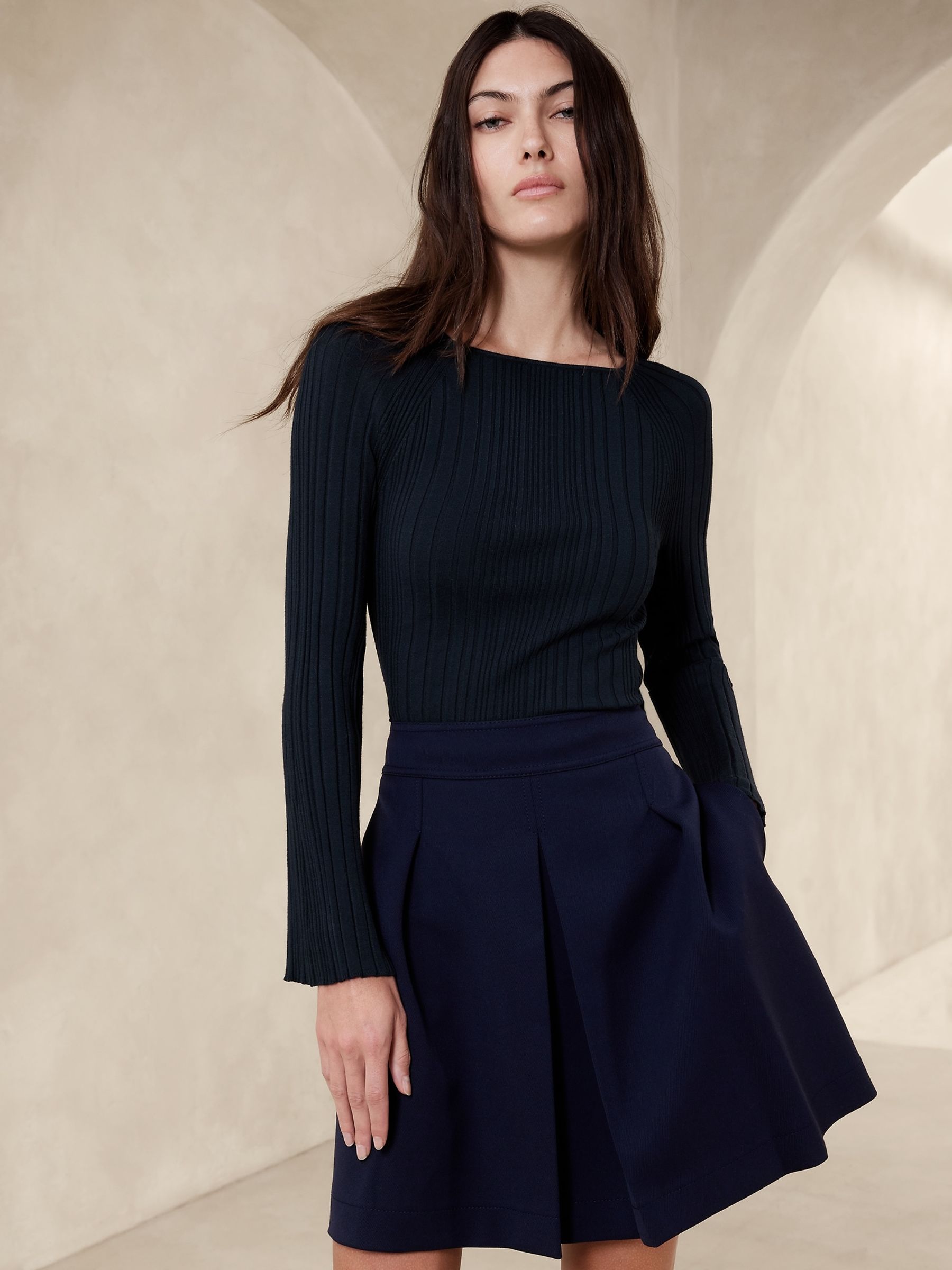 Banana Republic Navy Blue Cece Long Sleeve Ribbed Top - Image 1 of 3