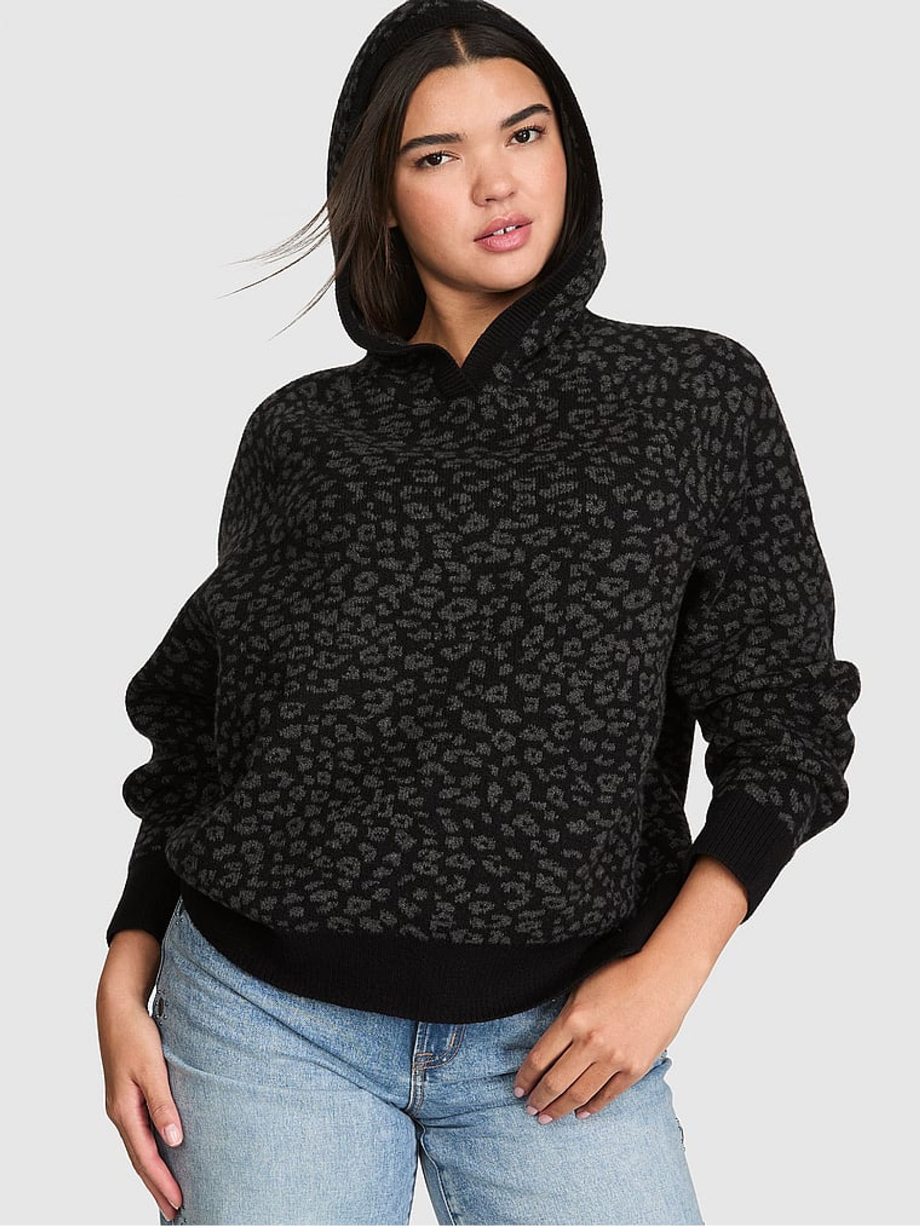 Black Leopard Knit Hoodie - Image 1 of 2 Black Leopard Knit Hoodie - Image 1 of 2