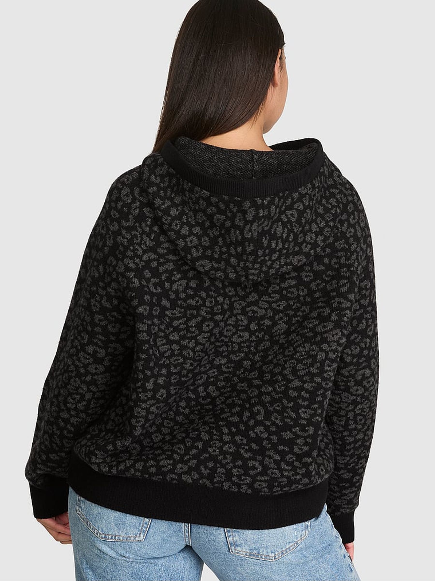 Black Leopard Knit Hoodie - Image 2 of 2 Black Leopard Knit Hoodie - Image 2 of 2