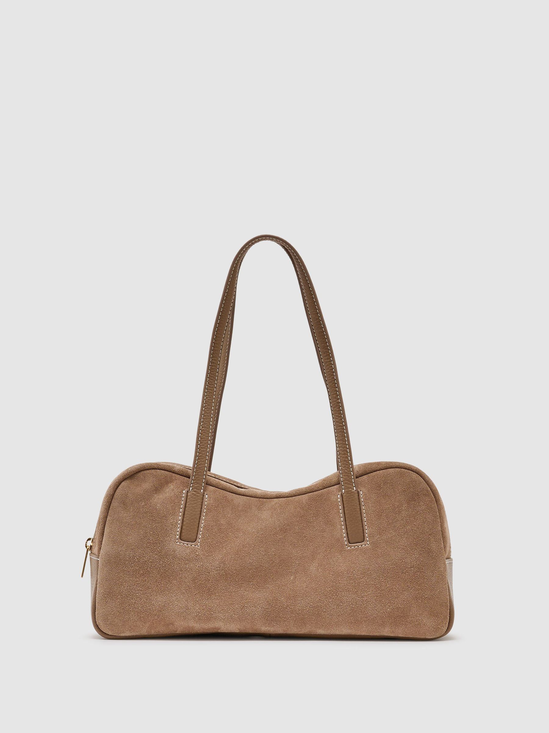 Suede and Leather Bowling Bag in Taupe - Image 2 of 6
