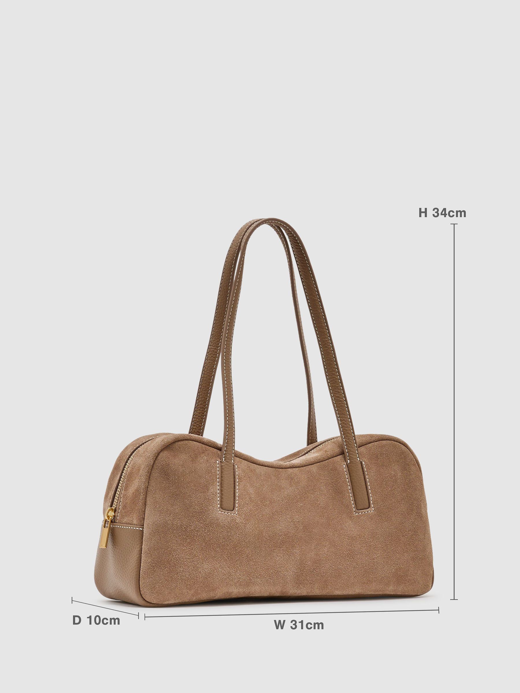 Suede and Leather Bowling Bag in Taupe - Image 3 of 6