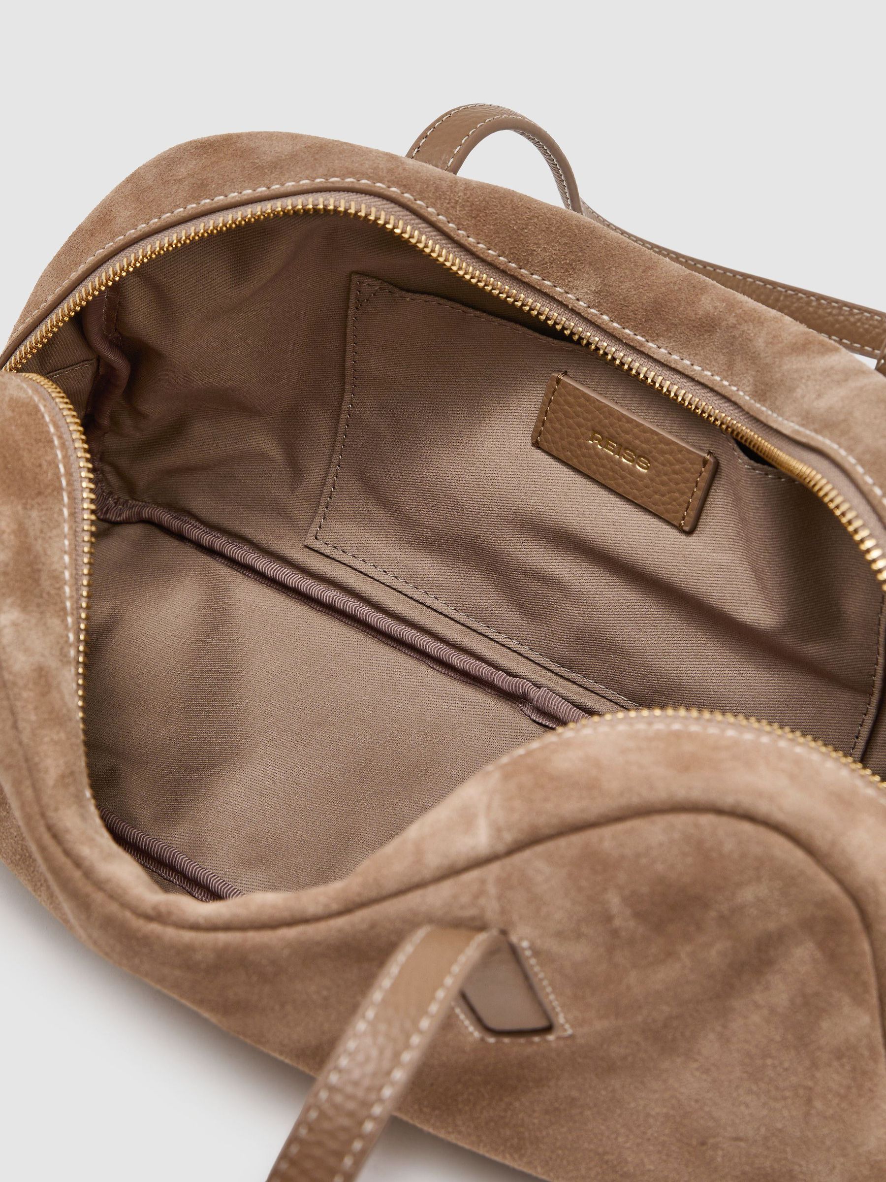 Suede and Leather Bowling Bag in Taupe - Image 4 of 6