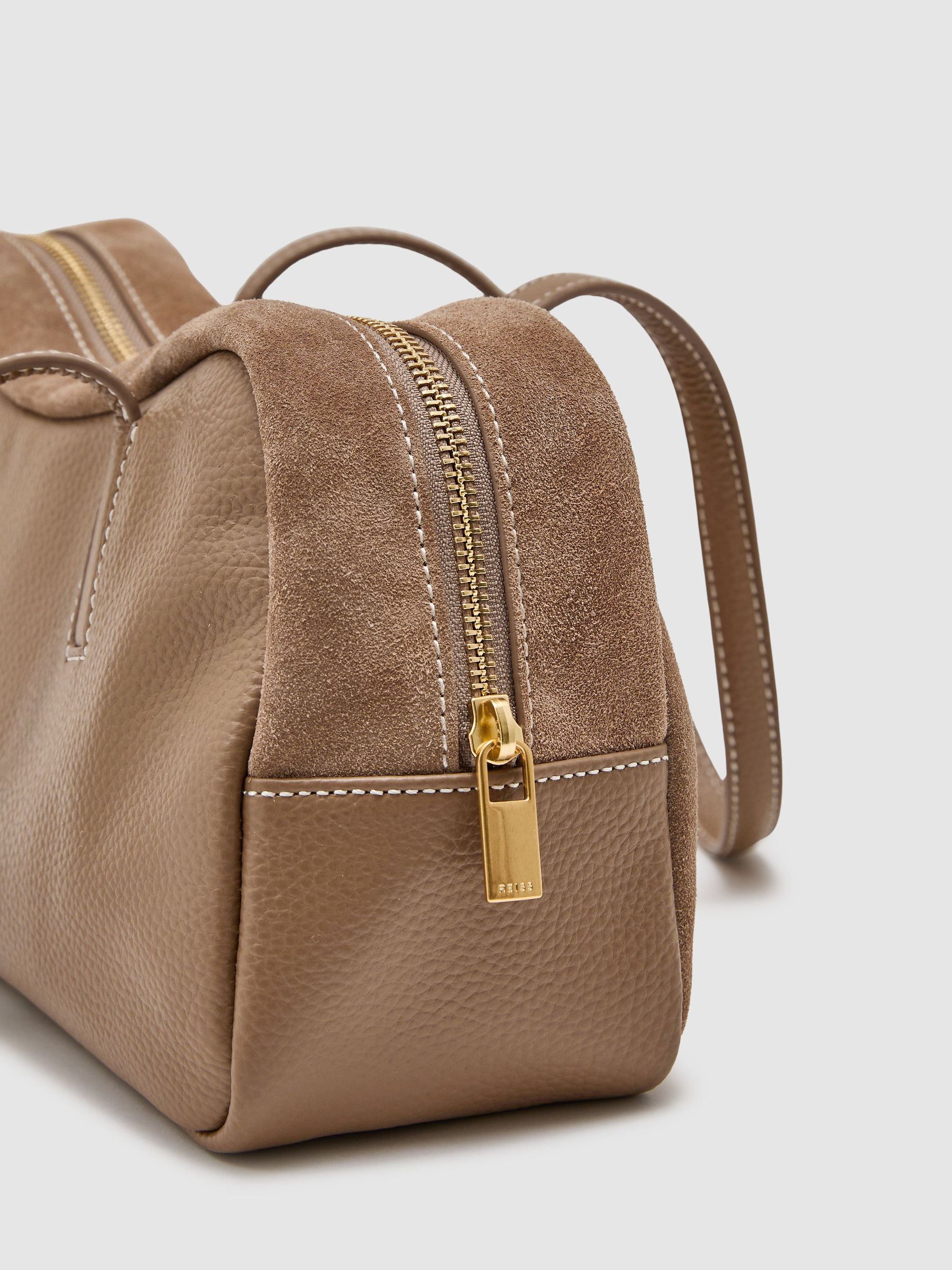 Suede and Leather Bowling Bag in Taupe - Image 6 of 6