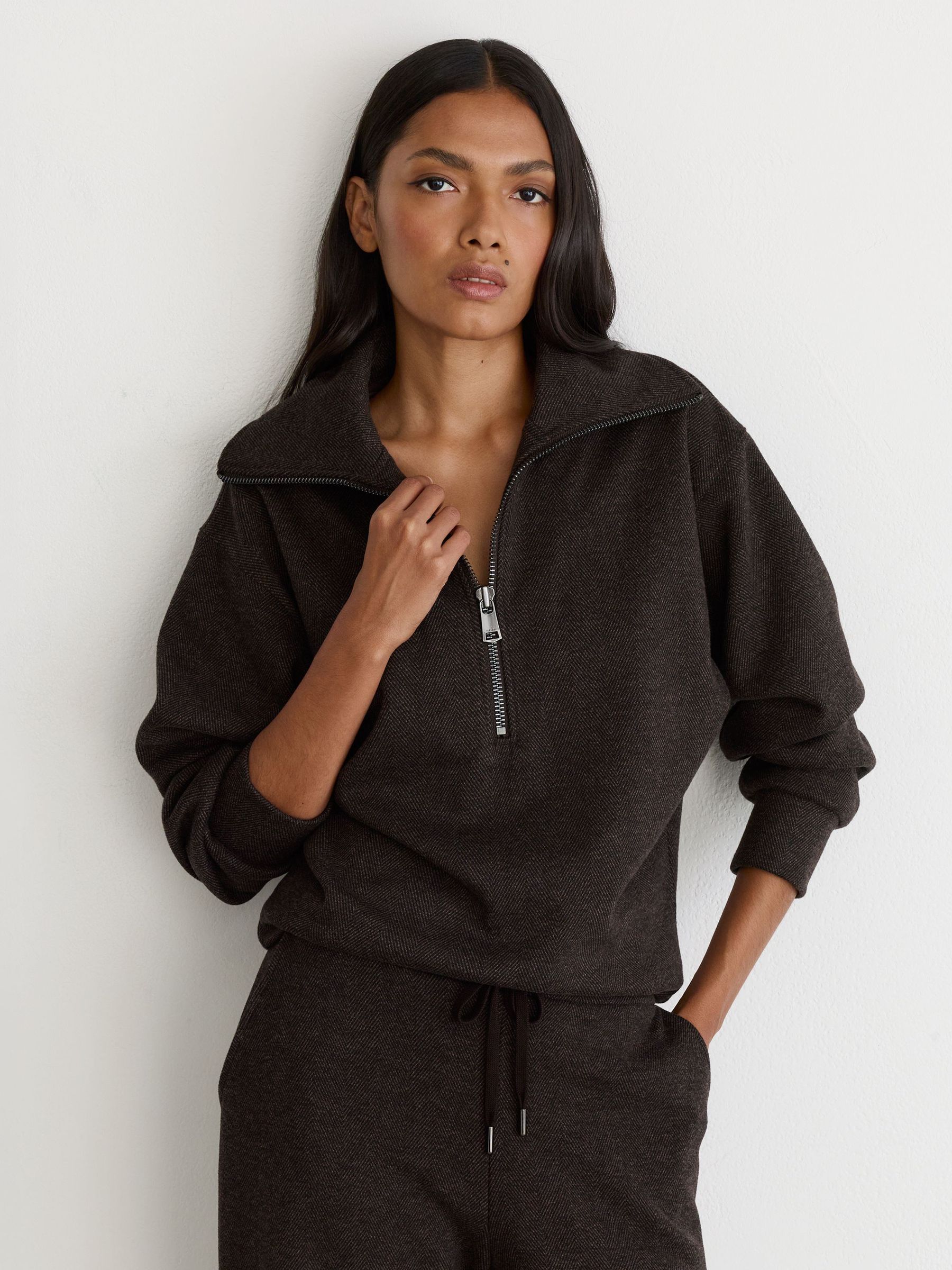 Herringbone Half-Zip Sweatshirt in Dark Brown - Image 1 of 6