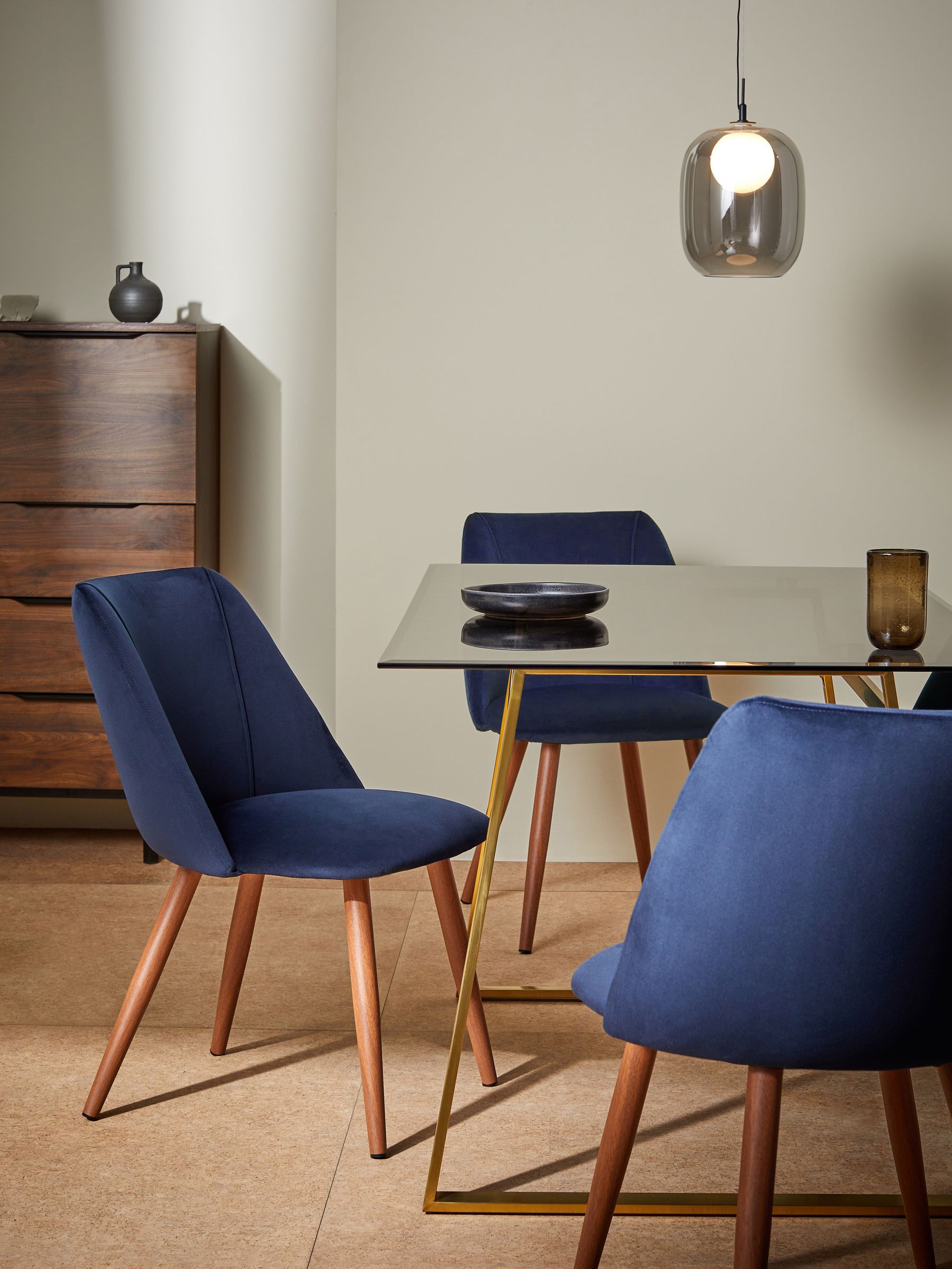 Set of Lule Non Arm Dining Chairs in Dark Blue Velvet and Walnut