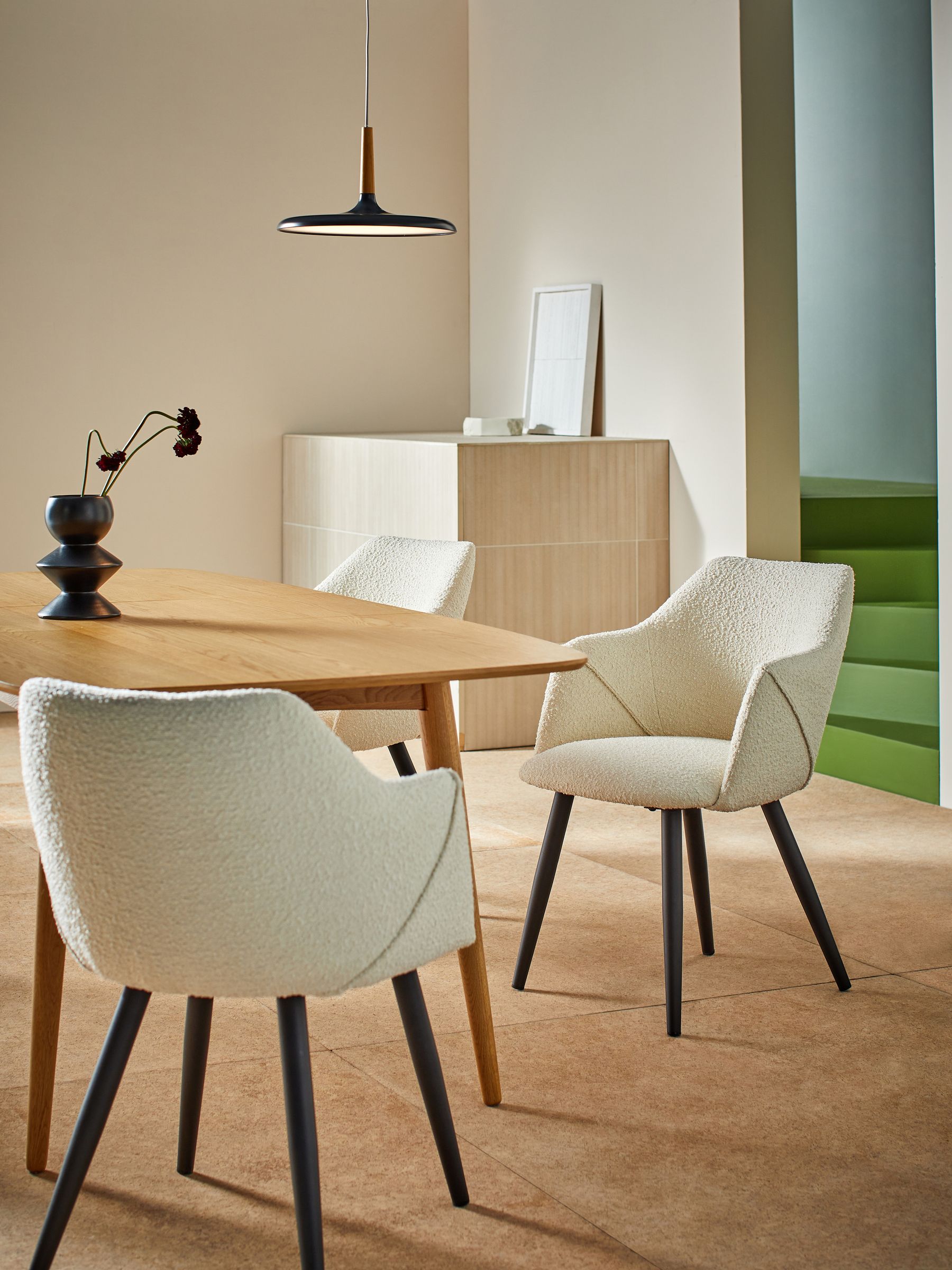 Set of Lule Arm Dining Chairs in White Boucle and Black Legs Made