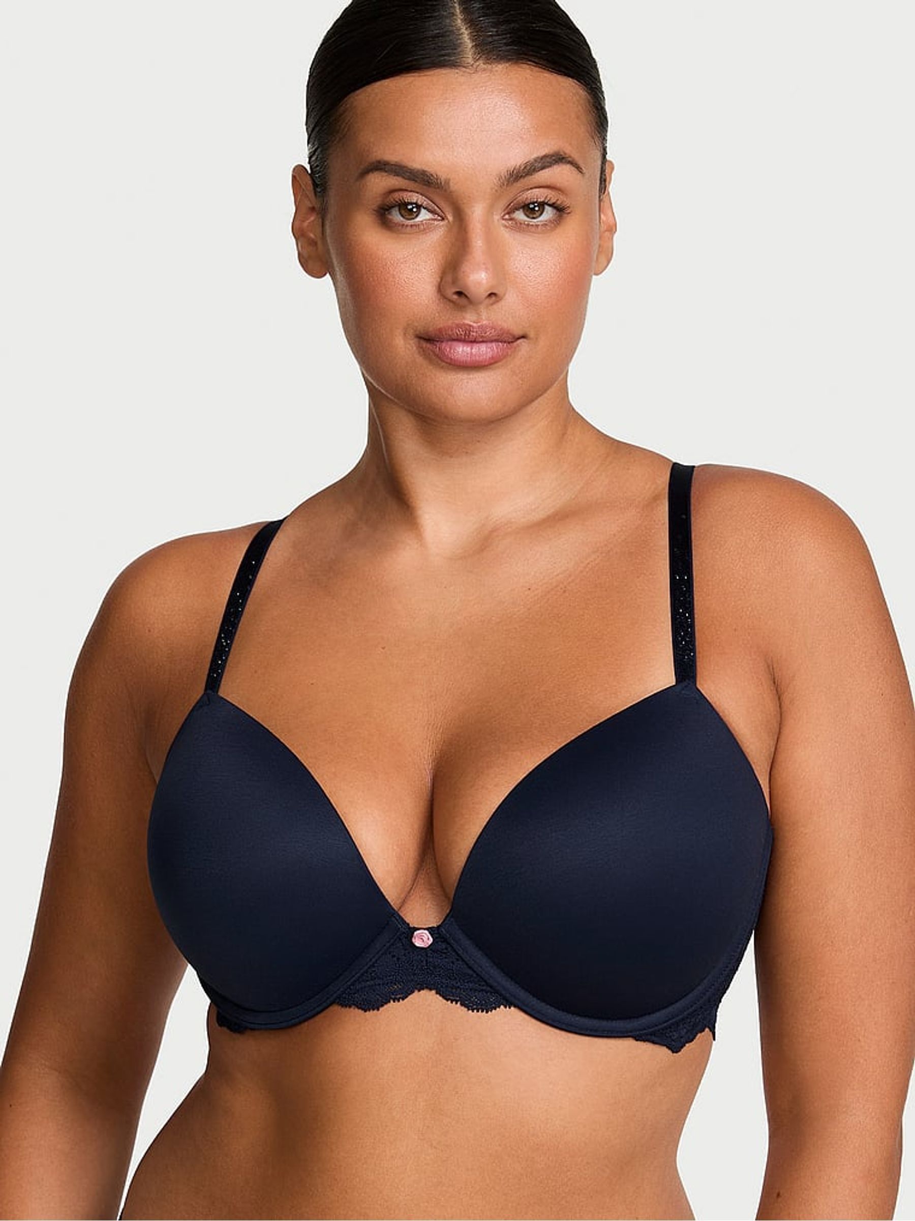 Noir Navy Blue Lace Trim Push Up Twinkle Bra - Image 1 of 2