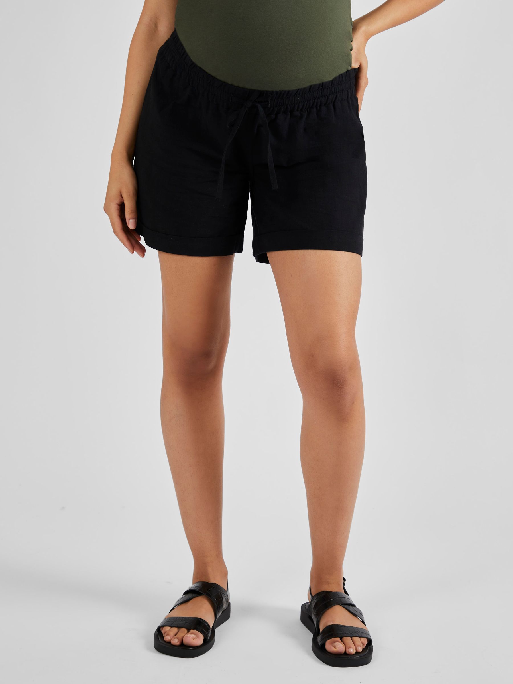 Linen Blend Maternity Shorts in Black - Image 1 of 4
