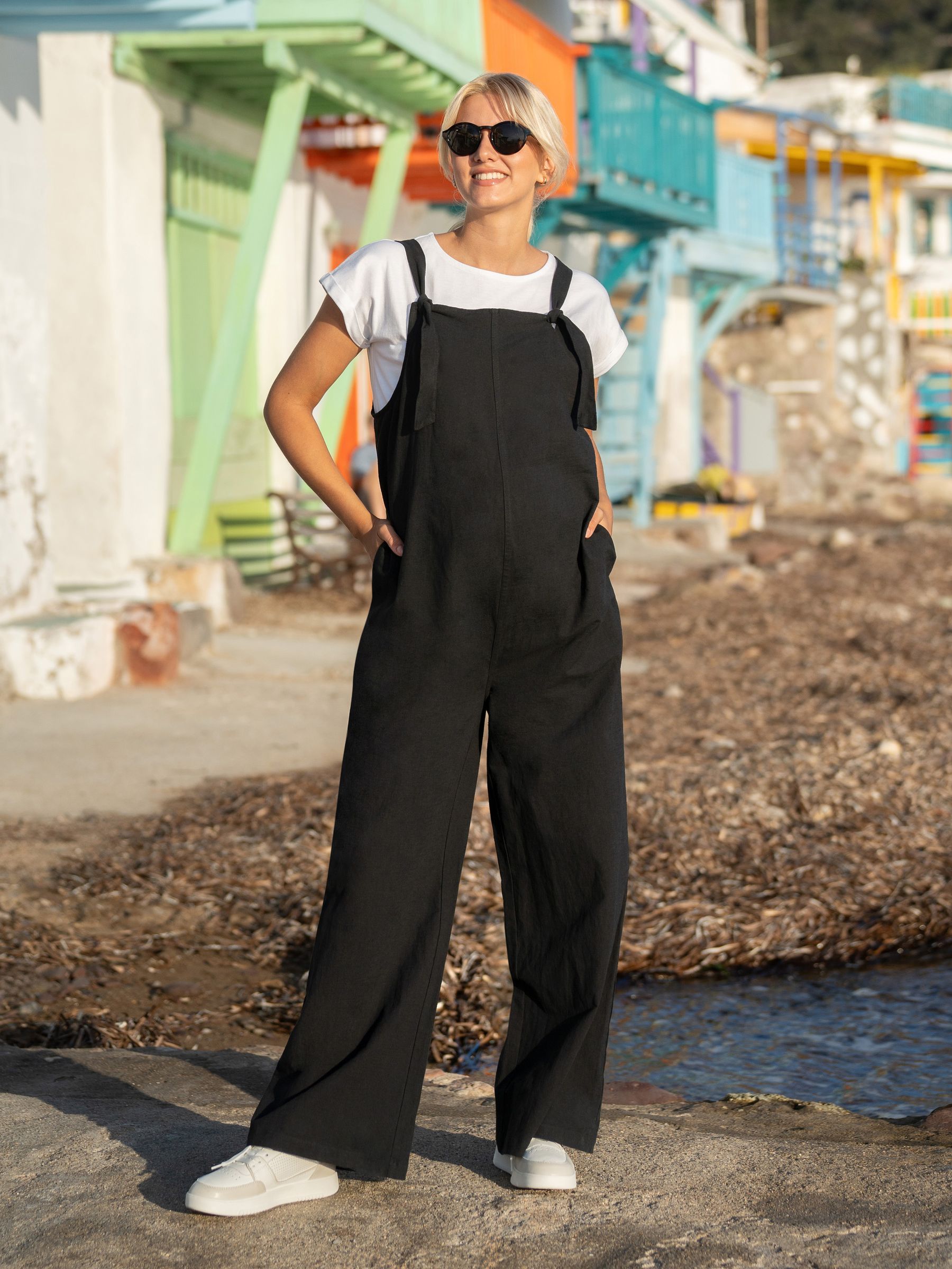 Black Wide Leg Maternity Linen Dungaree | JoJo Maman Bébé USA
