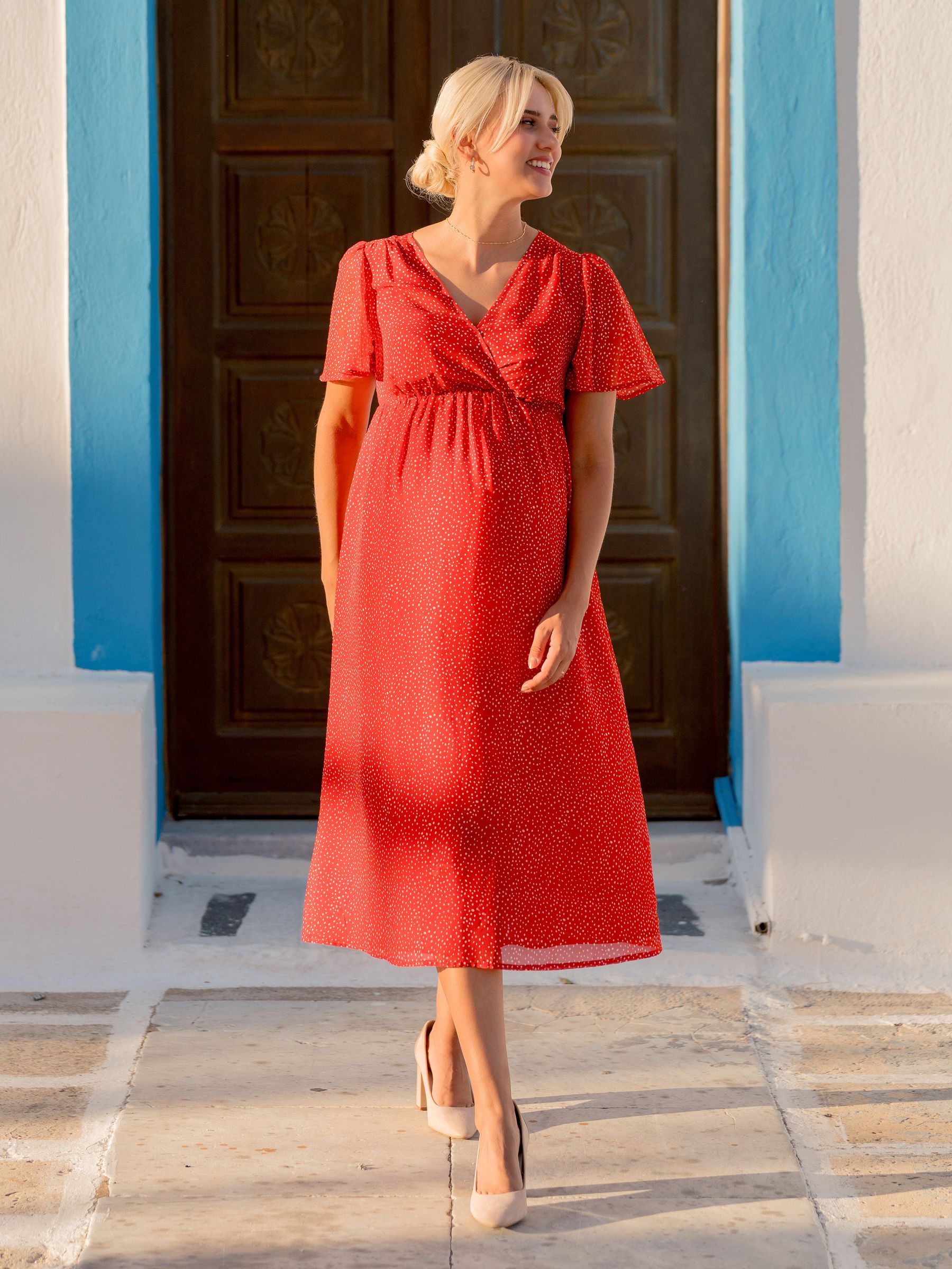 Spot Maternity Wrap Midi Dress in Red - Image 5 of 5