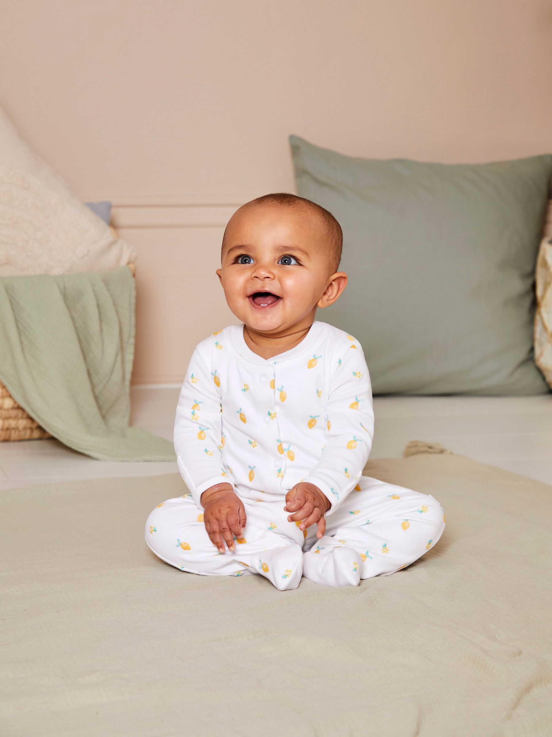 White Lemon Embroidered Cotton Baby Sleepsuit - Image 1 of 7