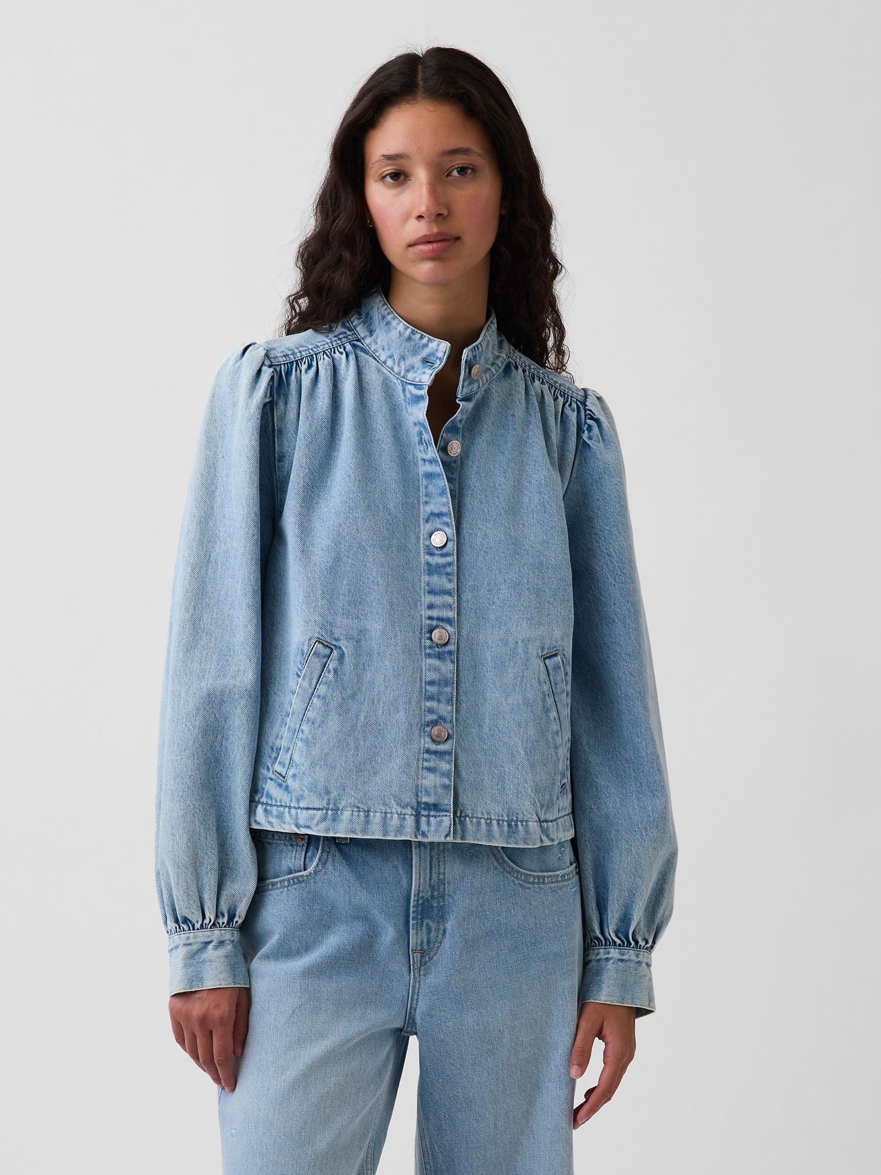 Light Wash Denim Balloon-Sleeve Crop Swing Jacket - Image 1 of 5