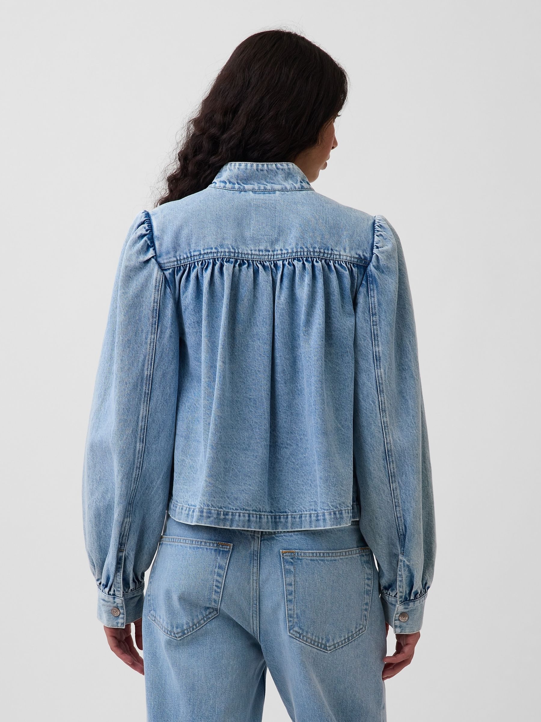 Light Wash Denim Balloon-Sleeve Crop Swing Jacket - Image 2 of 5