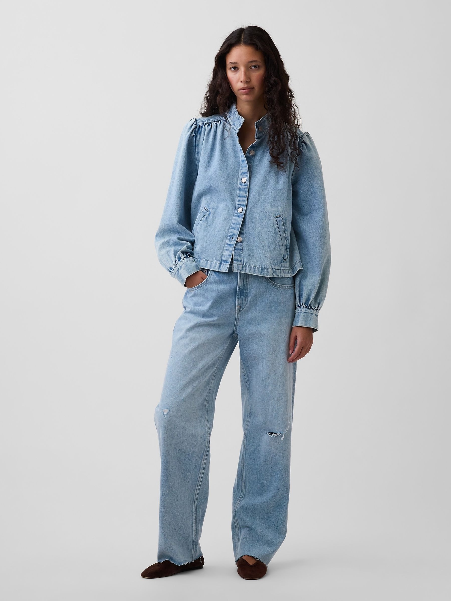 Light Wash Denim Balloon-Sleeve Crop Swing Jacket - Image 3 of 5