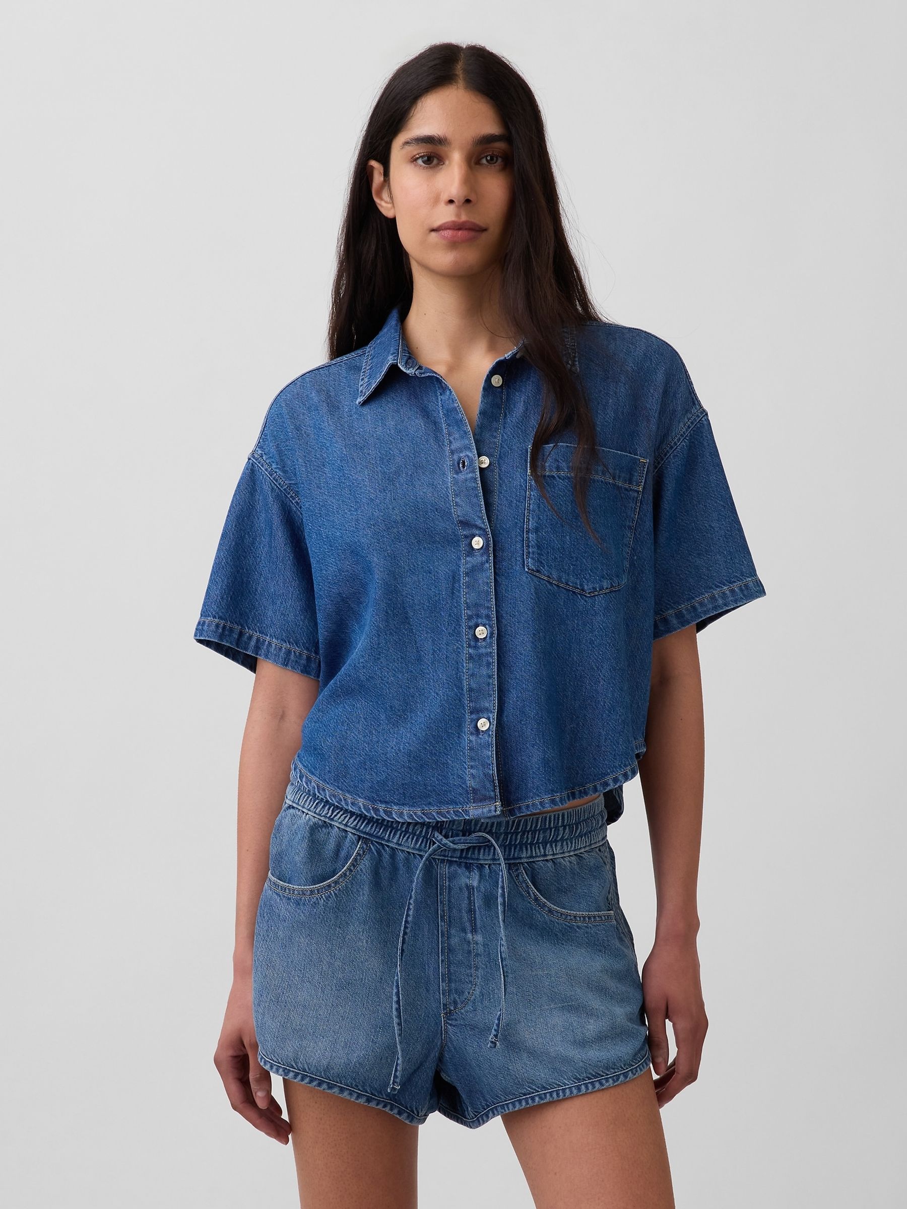 Medium Wash UltraSoft Denim Oversized Short Sleeve Shirt - Image 1 of 4