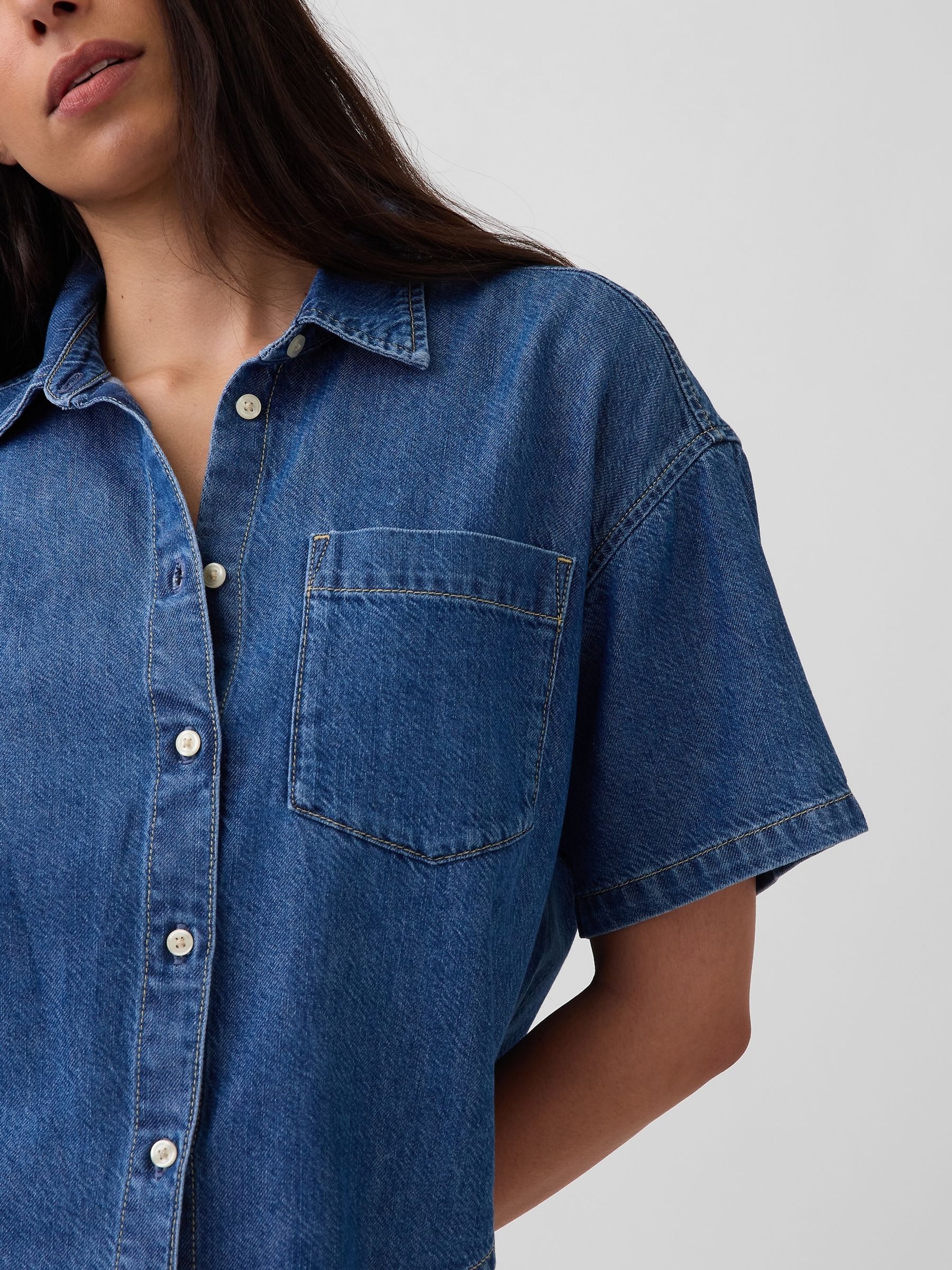 Medium Wash UltraSoft Denim Oversized Short Sleeve Shirt - Image 4 of 4