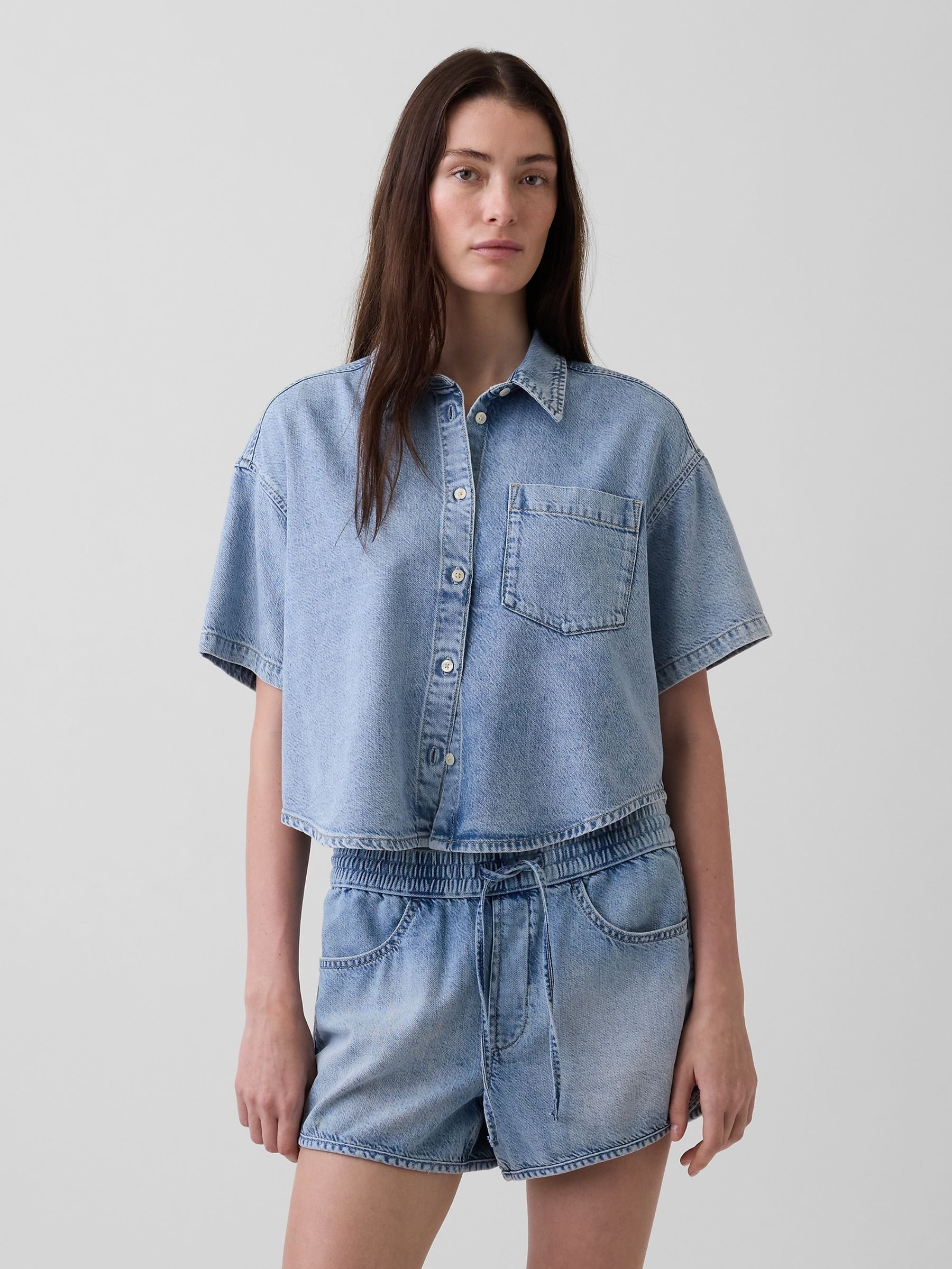 Light Wash UltraSoft Denim Oversized Short Sleeve Shirt - Image 1 of 4