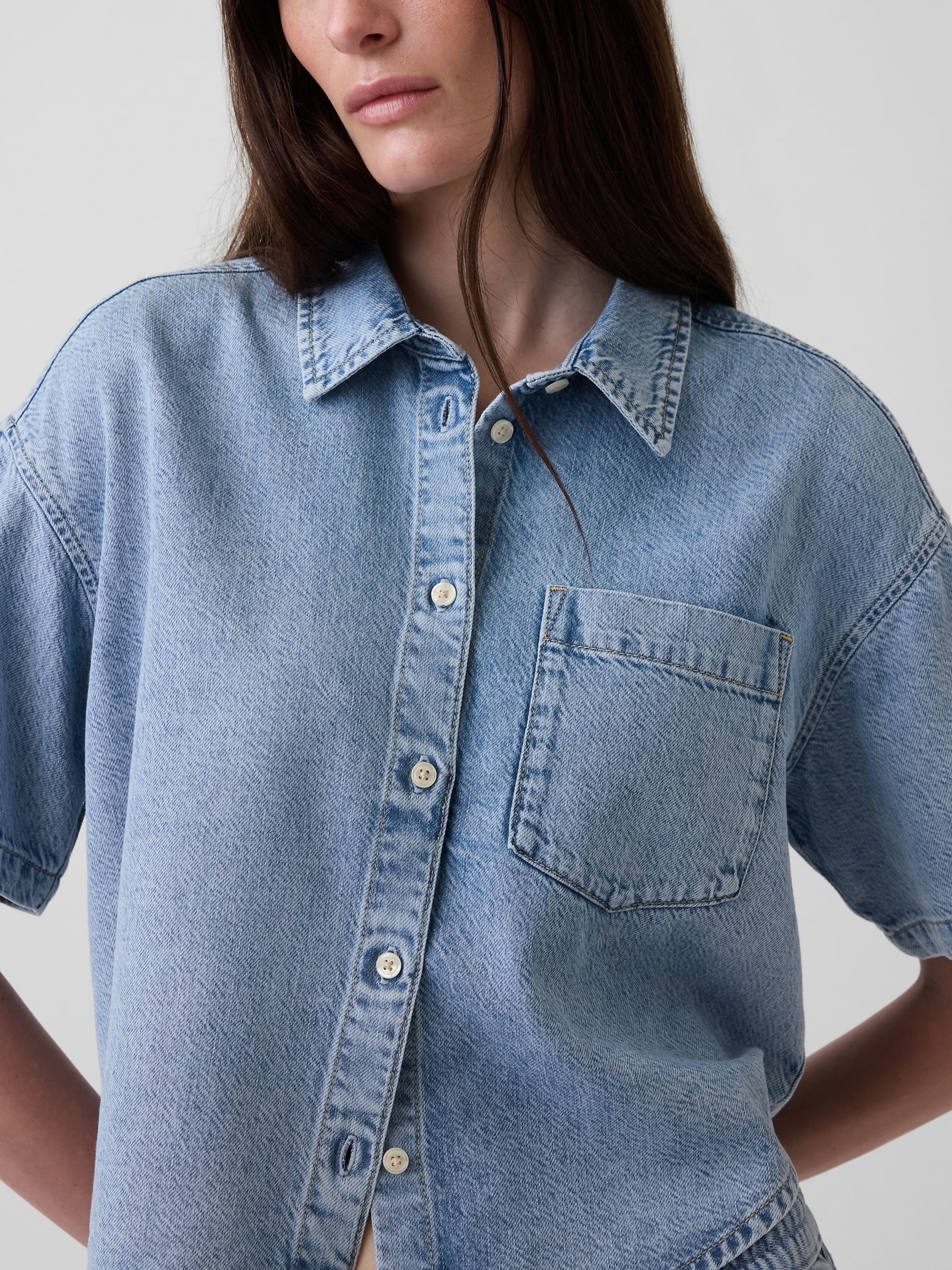 Light Wash UltraSoft Denim Oversized Short Sleeve Shirt - Image 4 of 4