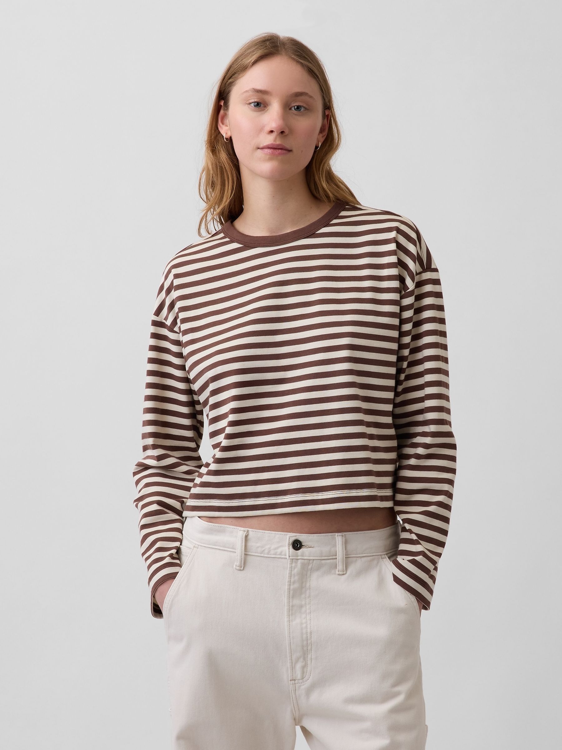 Brown/White Stripe Knit Oversized Crop Long Sleeve T-shirt - Image 1 of 4