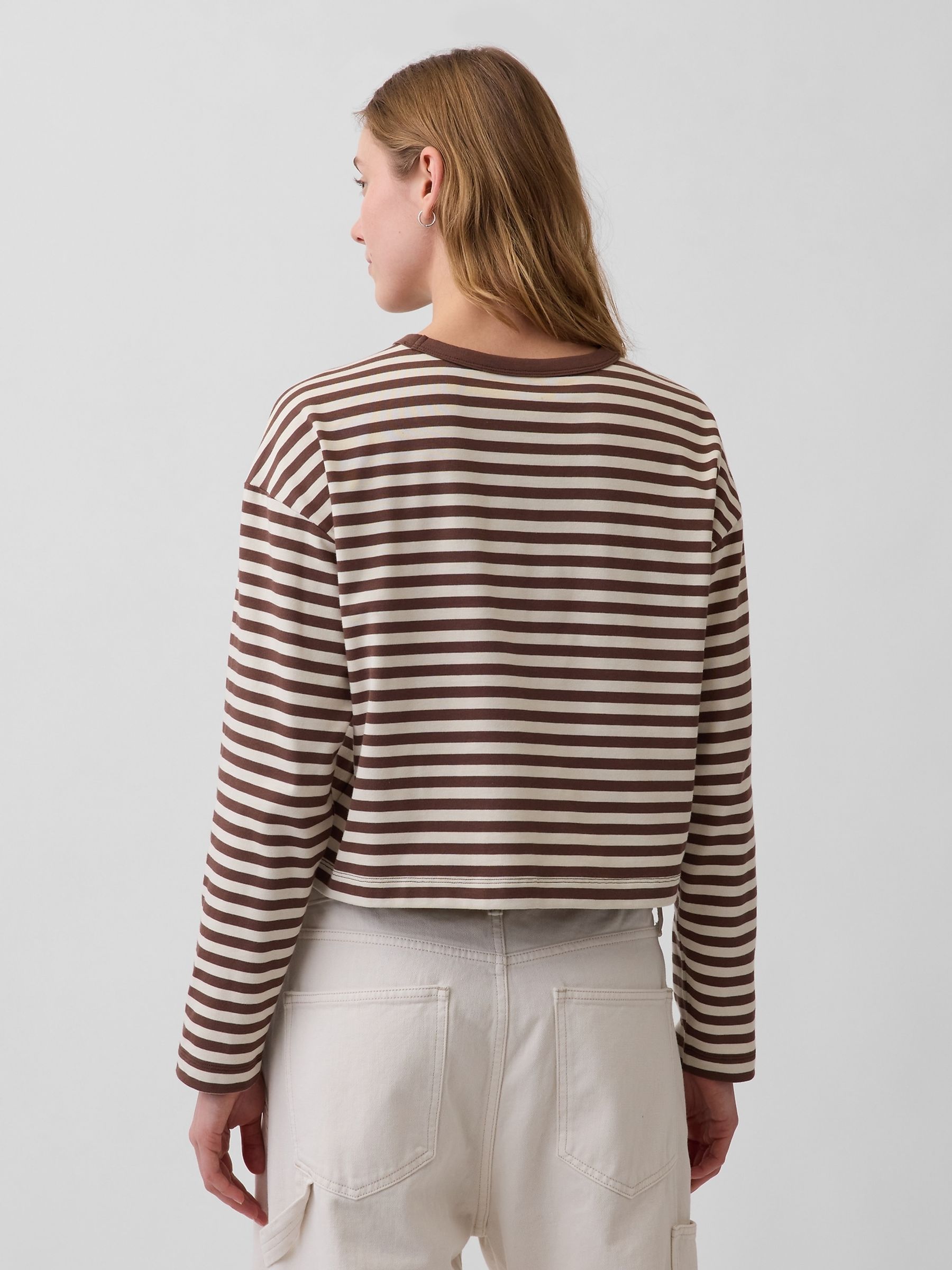 Brown/White Stripe Knit Oversized Crop Long Sleeve T-shirt - Image 2 of 4