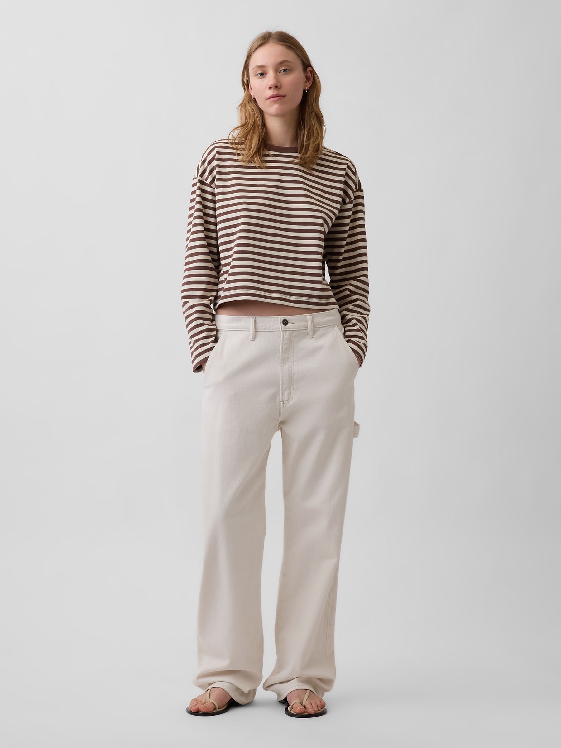 Brown/White Stripe Knit Oversized Crop Long Sleeve T-shirt - Image 3 of 4