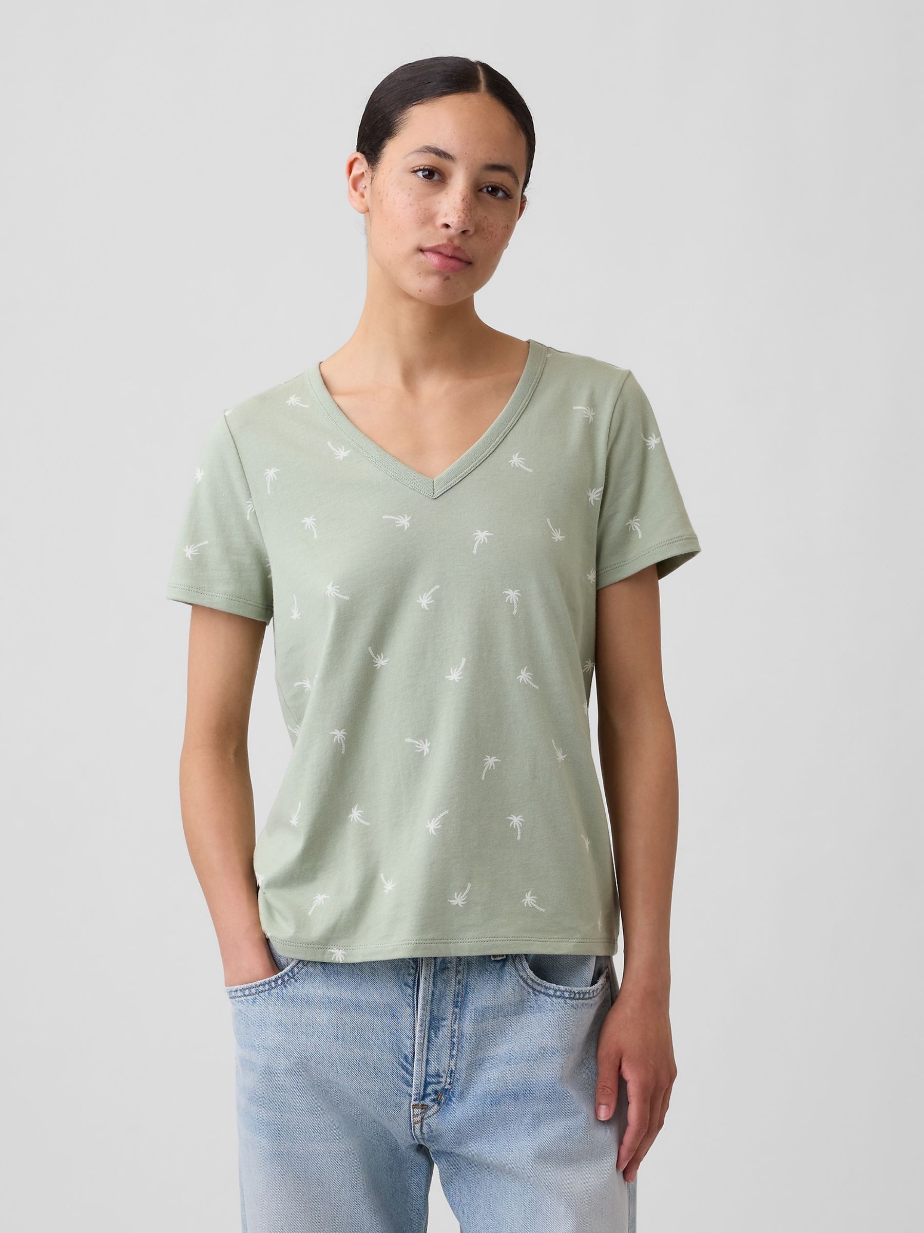 Green Palm Favorite Print V-Neck Short Sleeve T-Shirt - Image 1 of 5