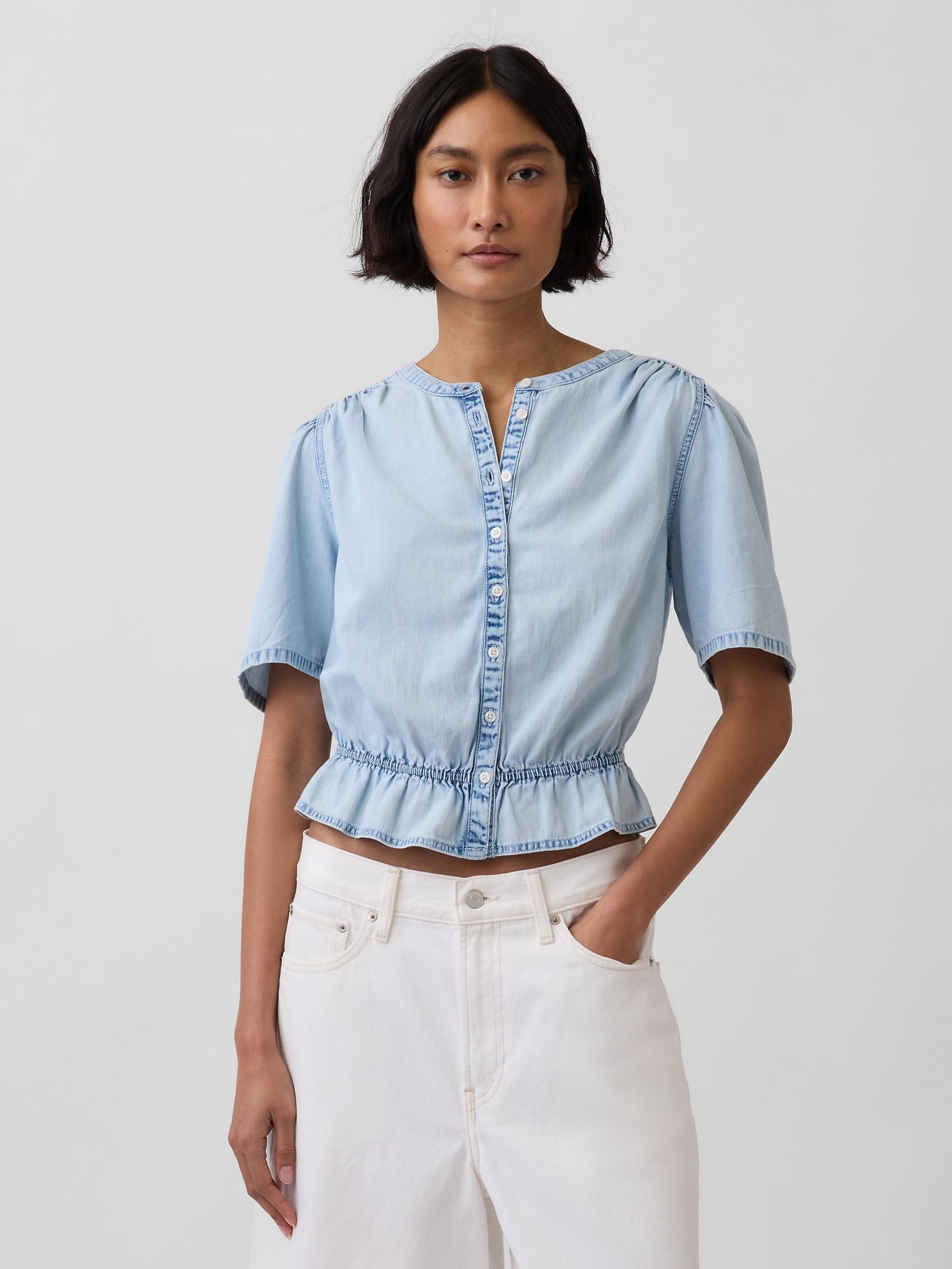 Light Wash Denim Peplum Crop Top - Image 1 of 4