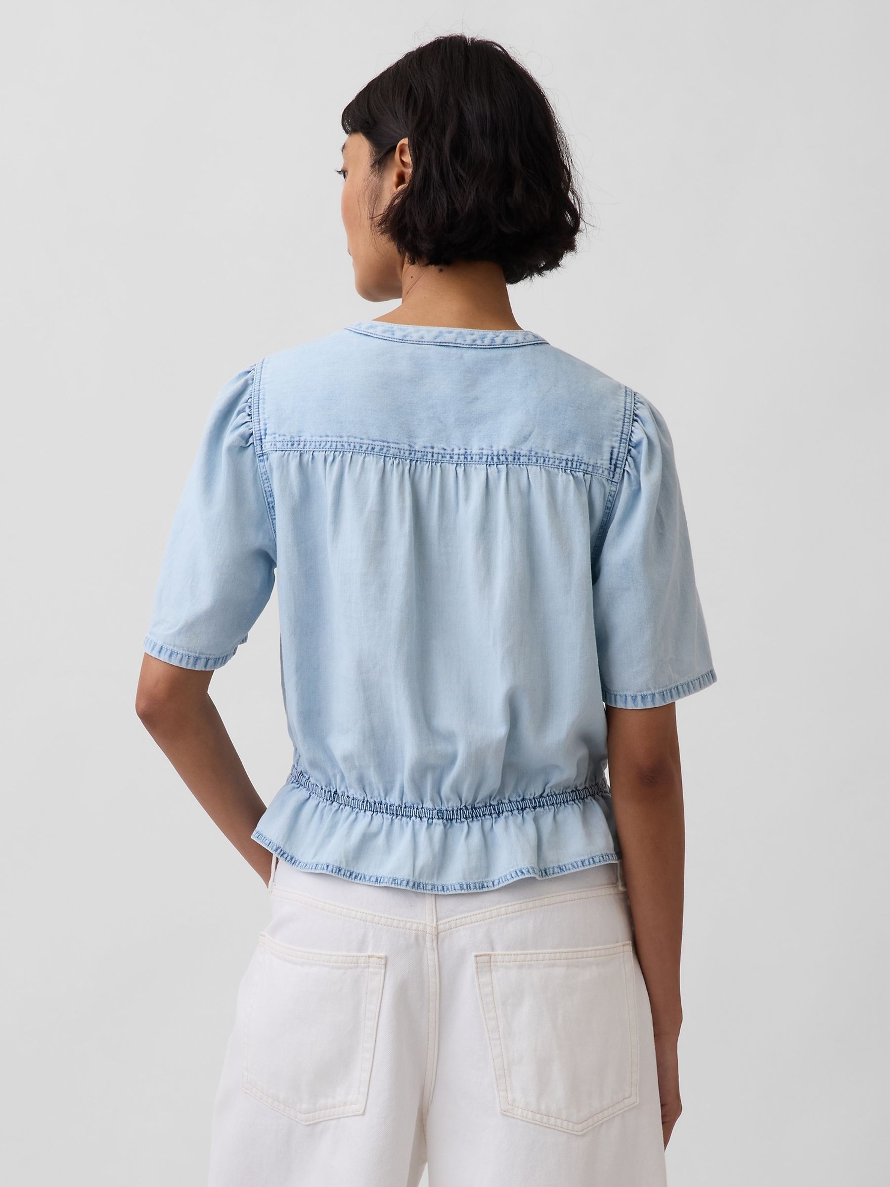 Light Wash Denim Peplum Crop Top - Image 2 of 4 Light Wash Denim Peplum Crop Top - Image 2 of 4