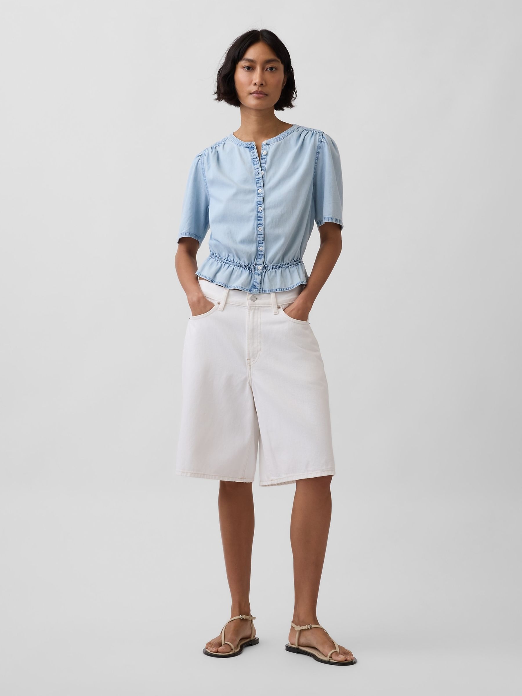 Light Wash Denim Peplum Crop Top - Image 3 of 4