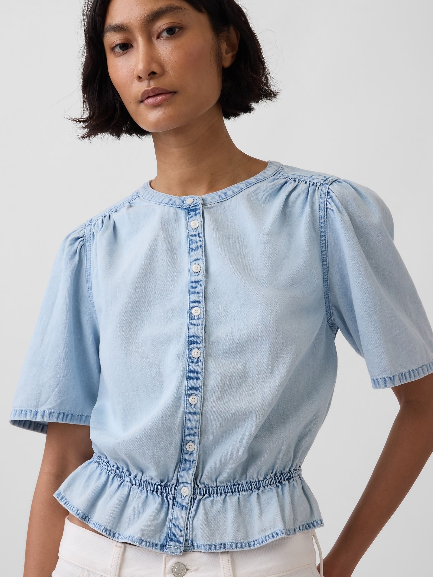 Light Wash Denim Peplum Crop Top - Image 4 of 4 Light Wash Denim Peplum Crop Top - Image 4 of 4