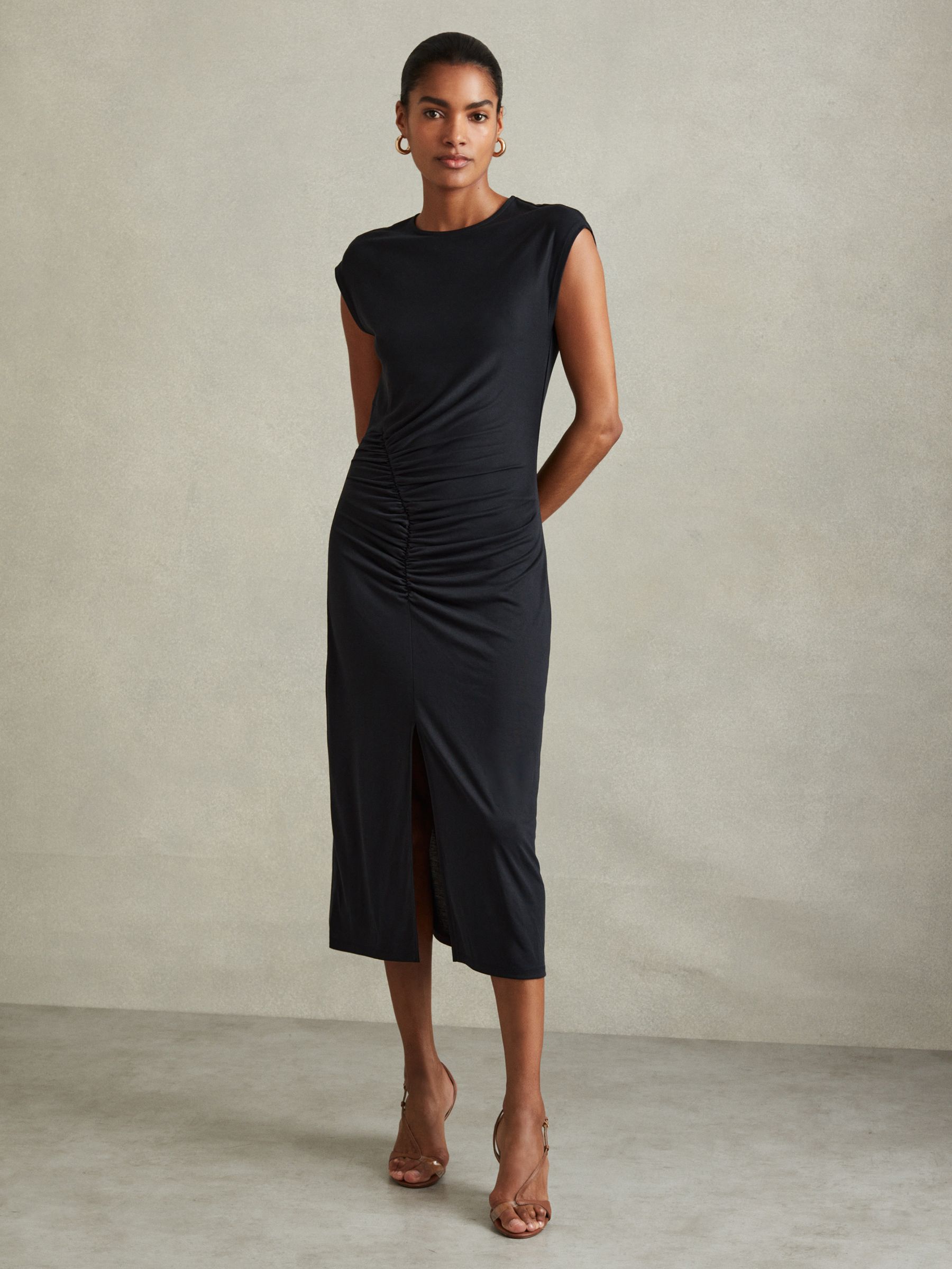 Ruche Front Capped Sleeve Jersey Midi Dress in Charcoal - Image 1 of 5
