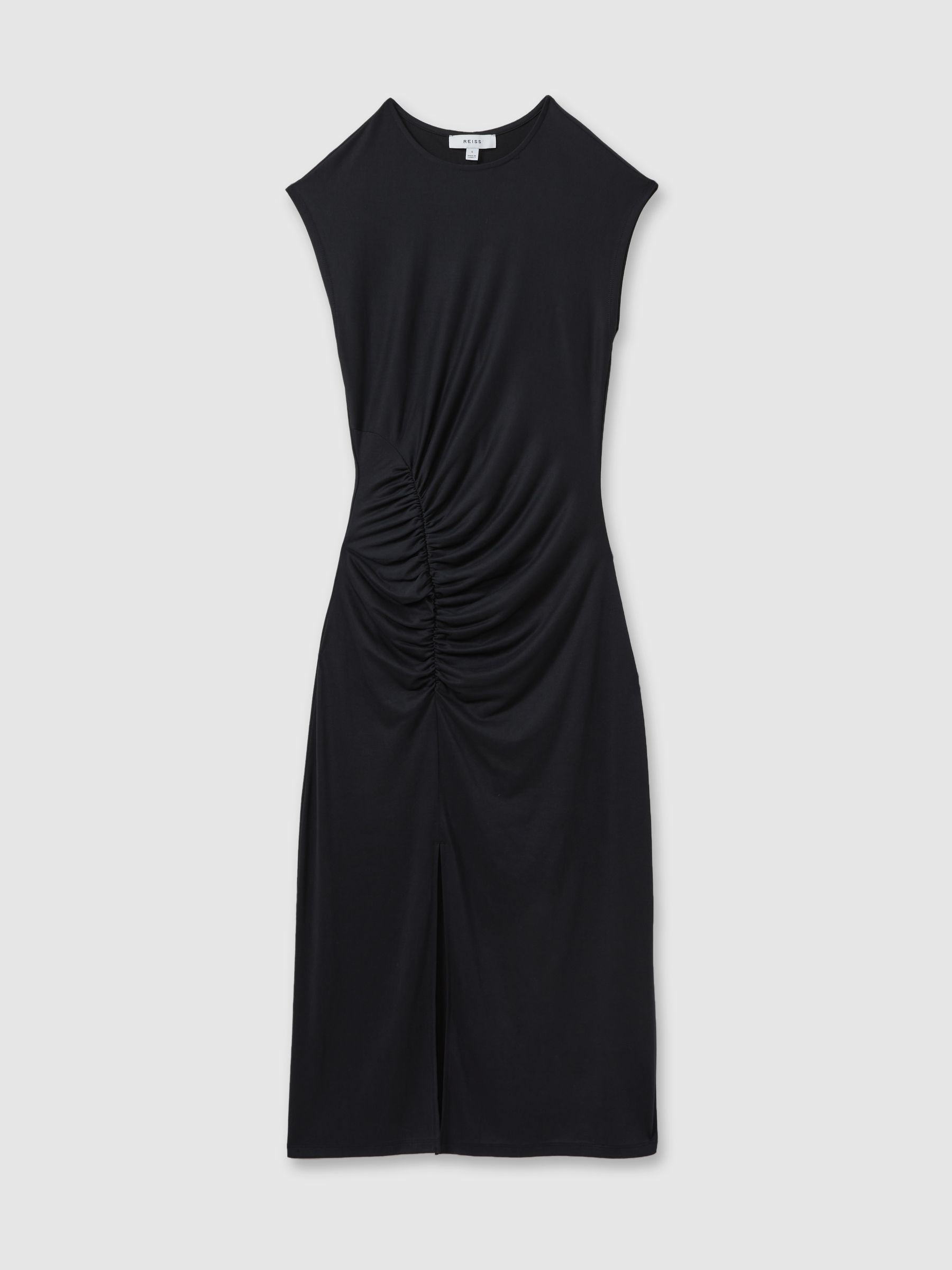 Ruche Front Capped Sleeve Jersey Midi Dress in Charcoal - Image 2 of 5