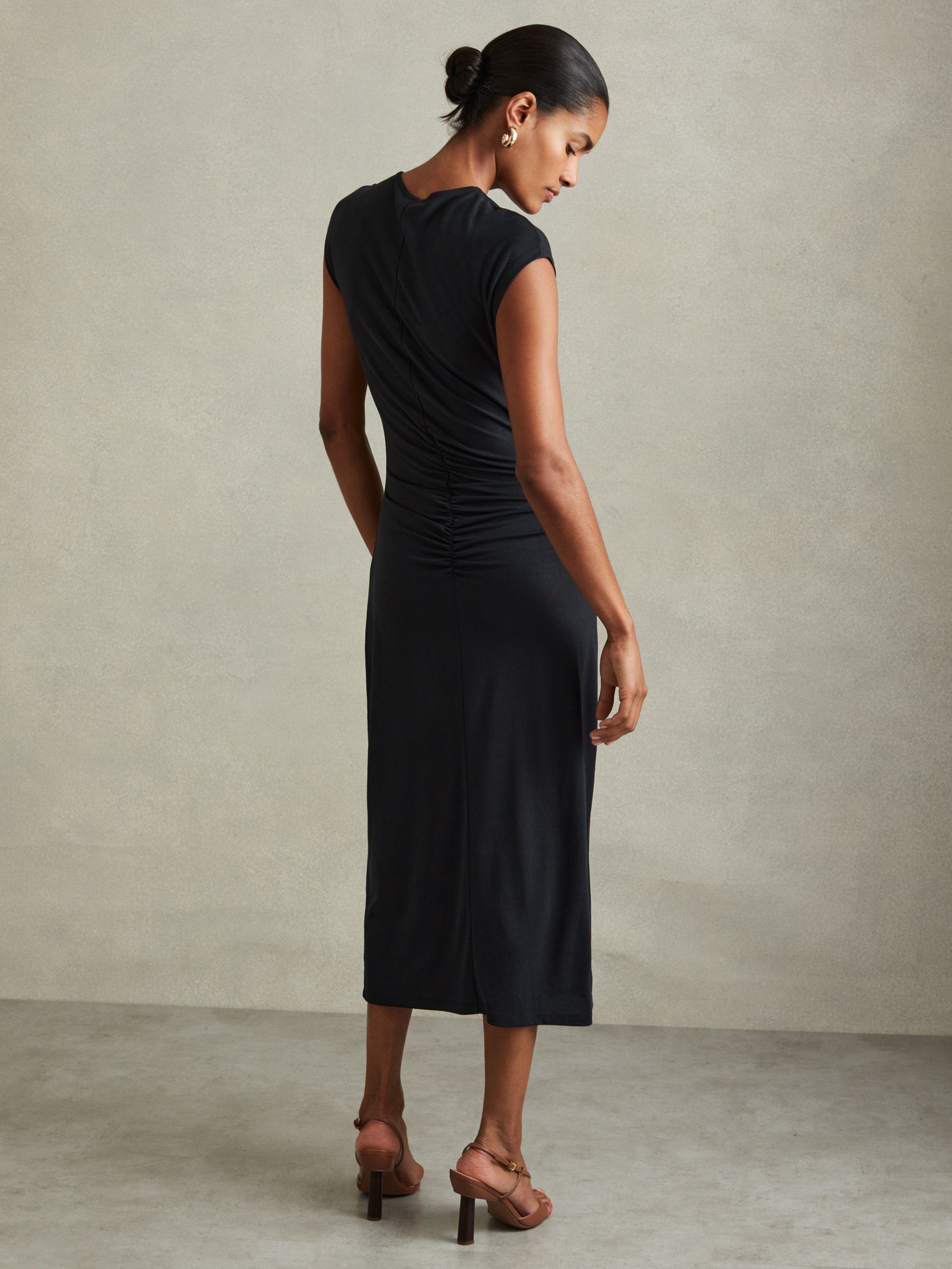 Ruche Front Capped Sleeve Jersey Midi Dress in Charcoal - Image 4 of 5