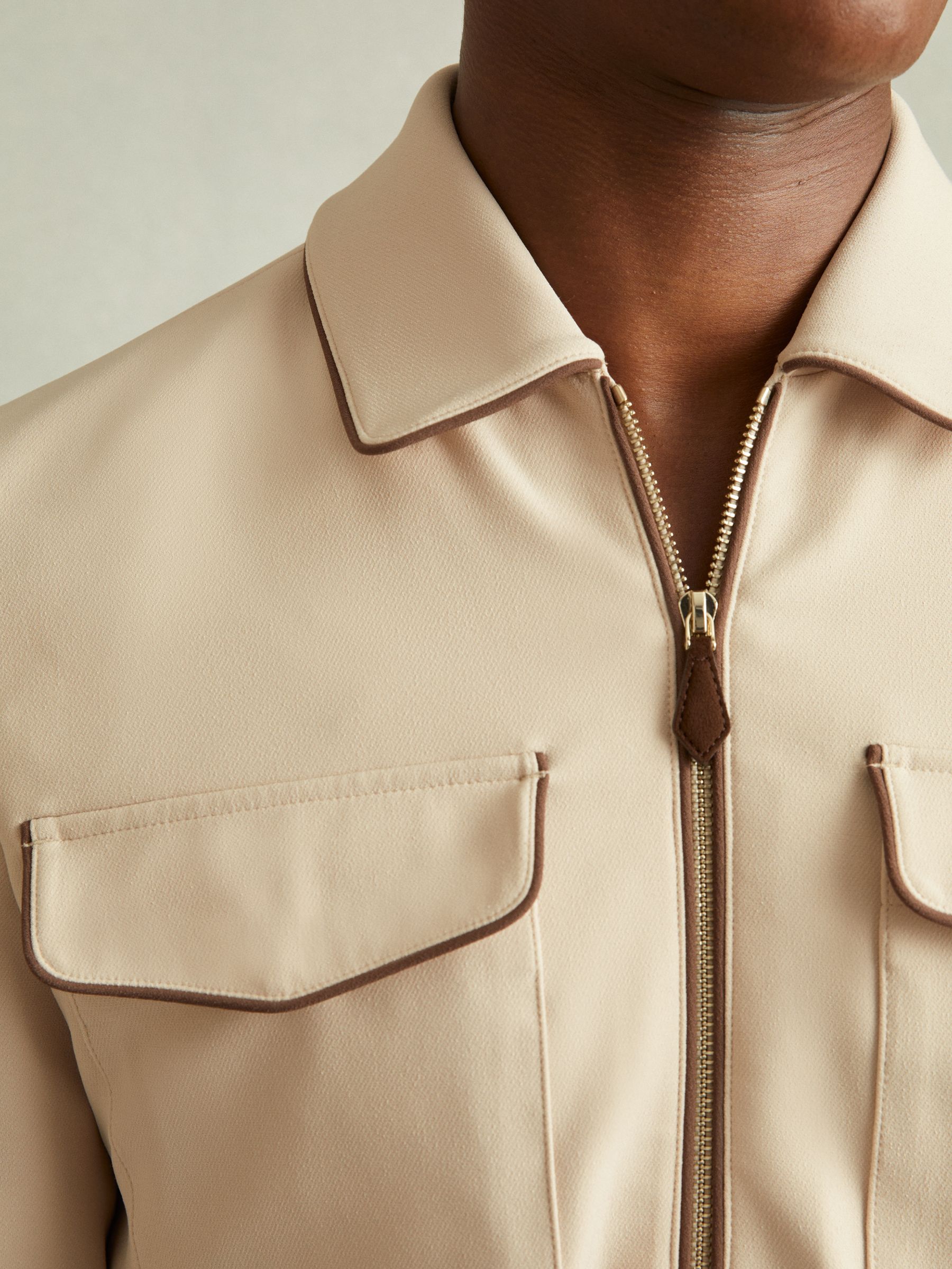 Relaxed Contrast Pipe Detail Jacket in Ecru/Brown Stripe - Image 3 of 6