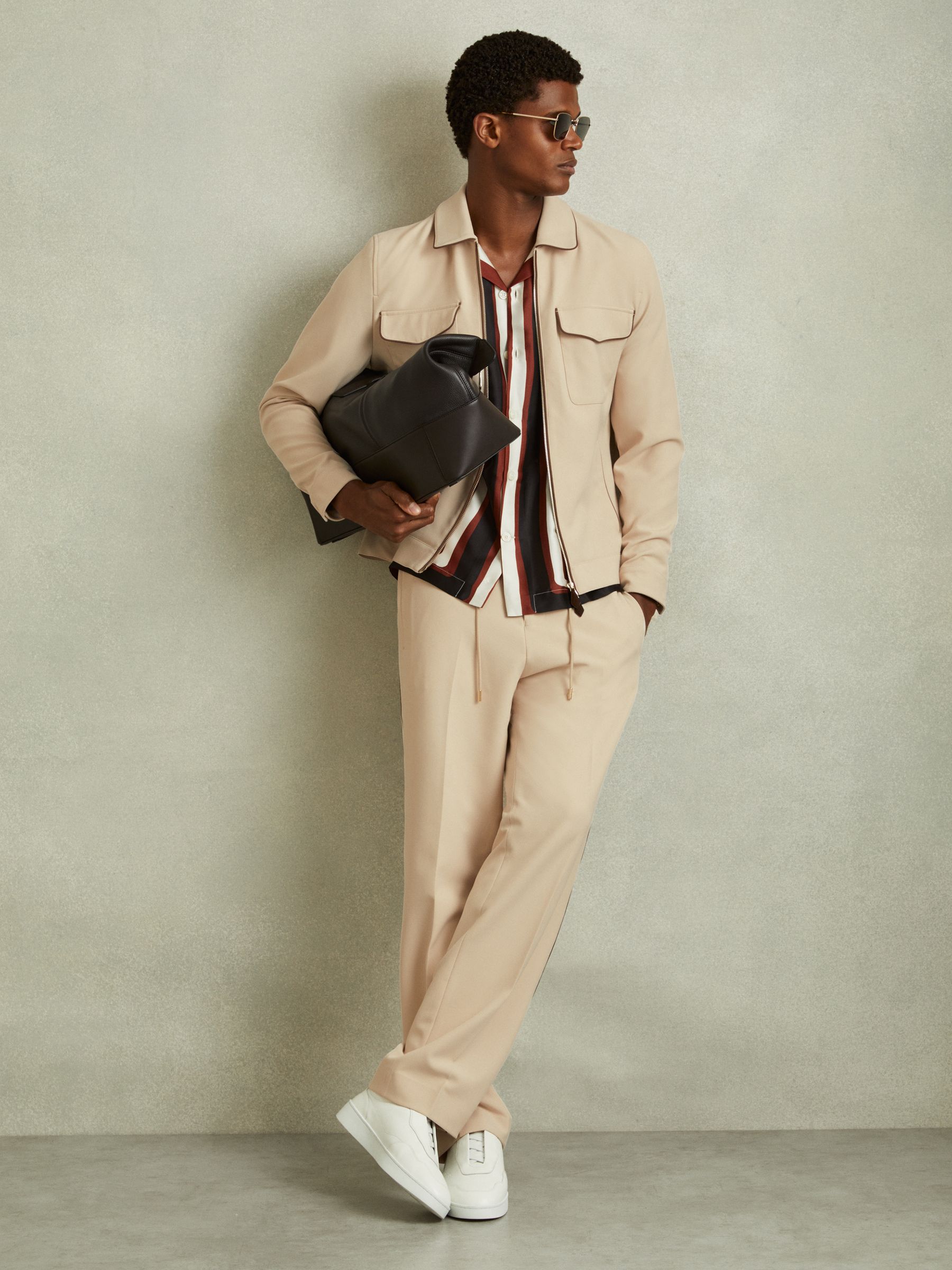 Relaxed Contrast Pipe Detail Jacket in Ecru/Brown Stripe - Image 5 of 6