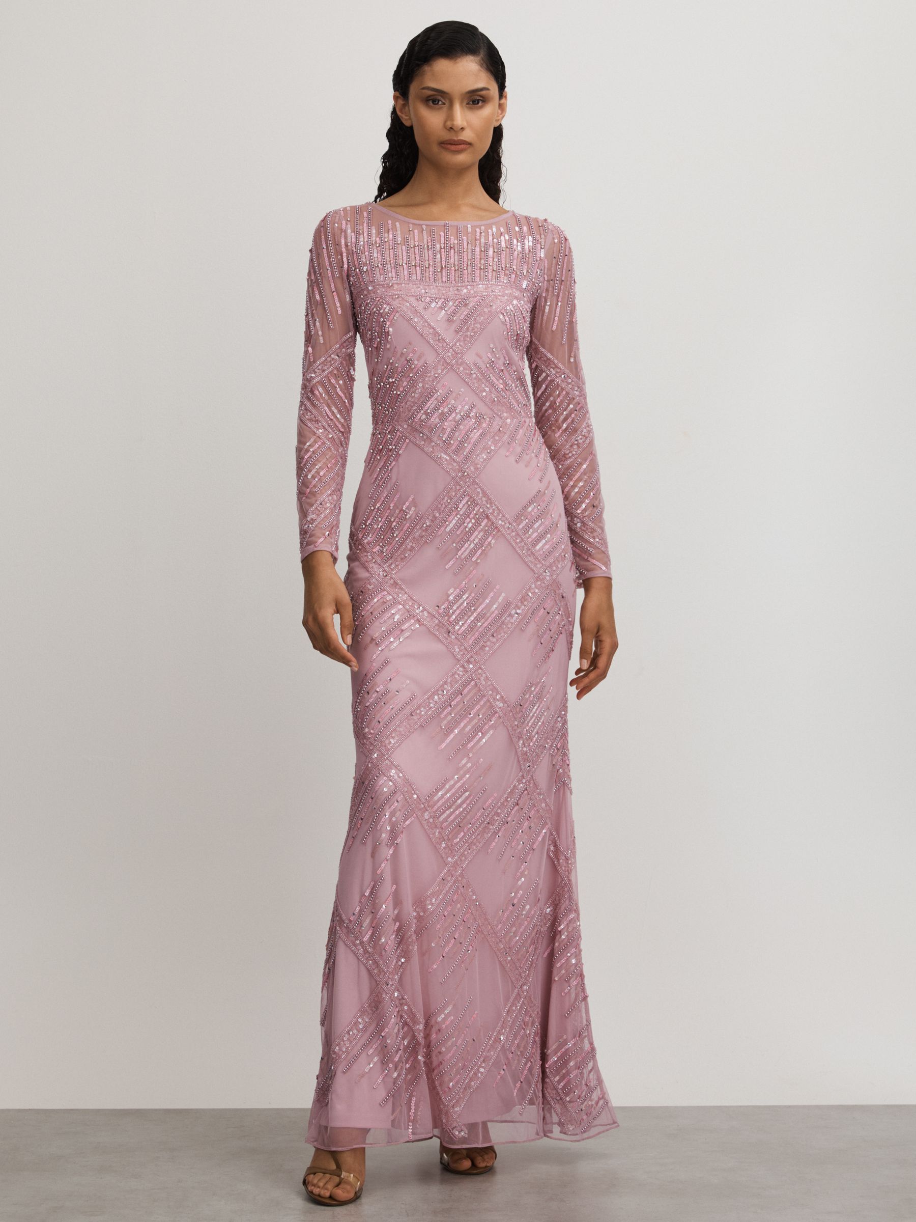 Felicity Pink Raishma Pink Embellished Mesh Sheer Sleeve Maxi Dress - Image 1 of 5