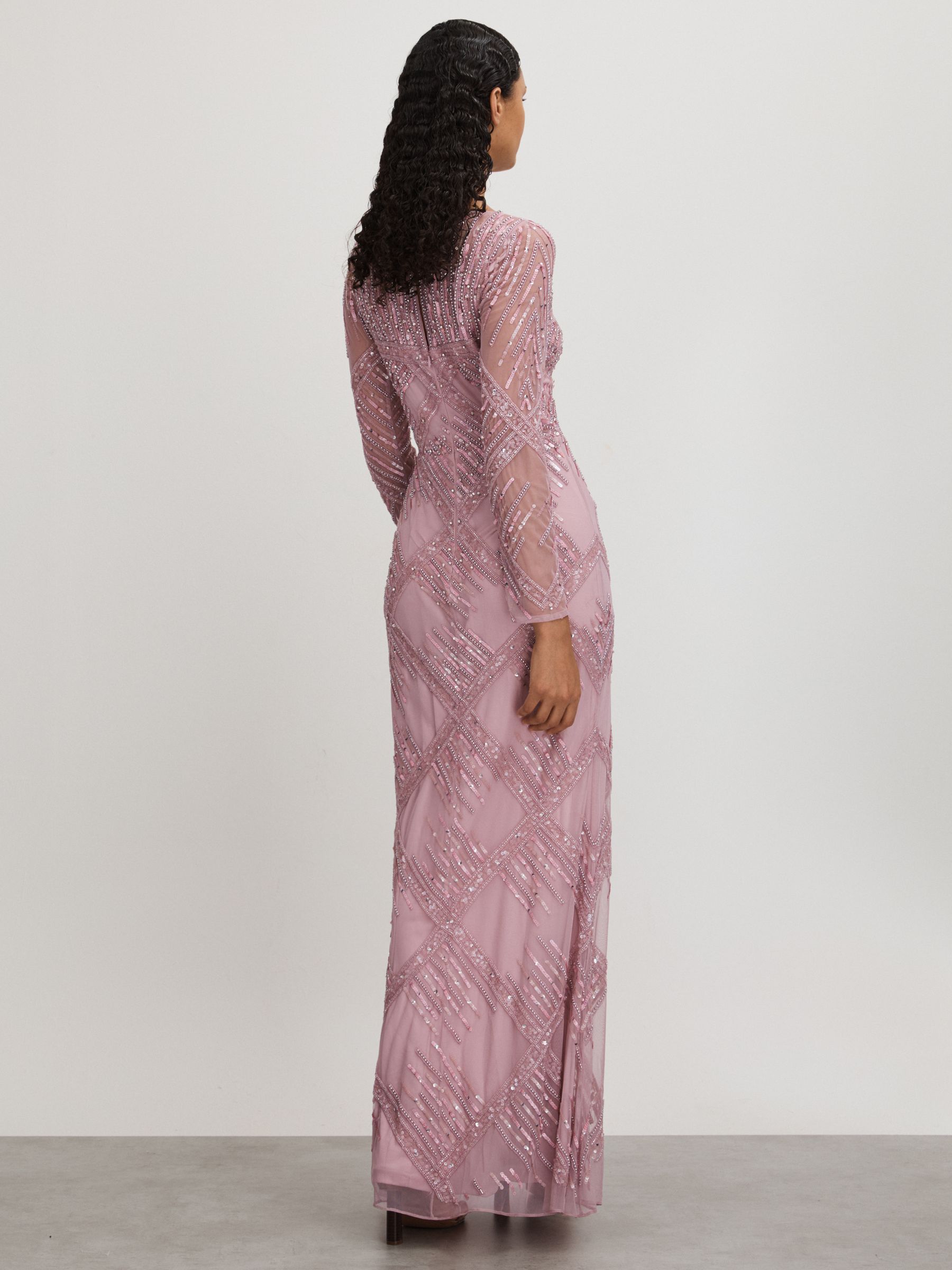 Felicity Pink Raishma Pink Embellished Mesh Sheer Sleeve Maxi Dress - Image 4 of 5