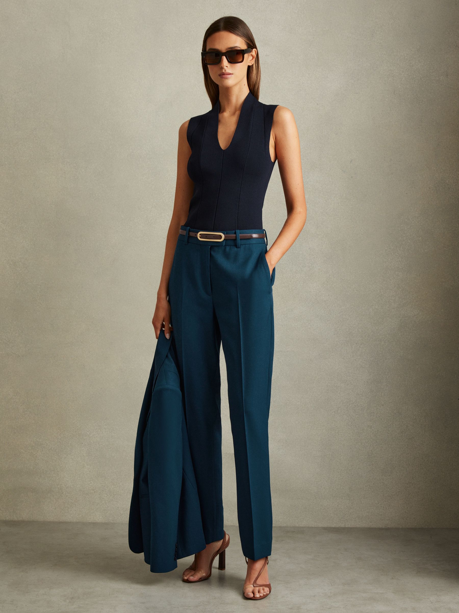 Slim Fit Wool Blend Suit Trousers in Teal - Image 3 of 6